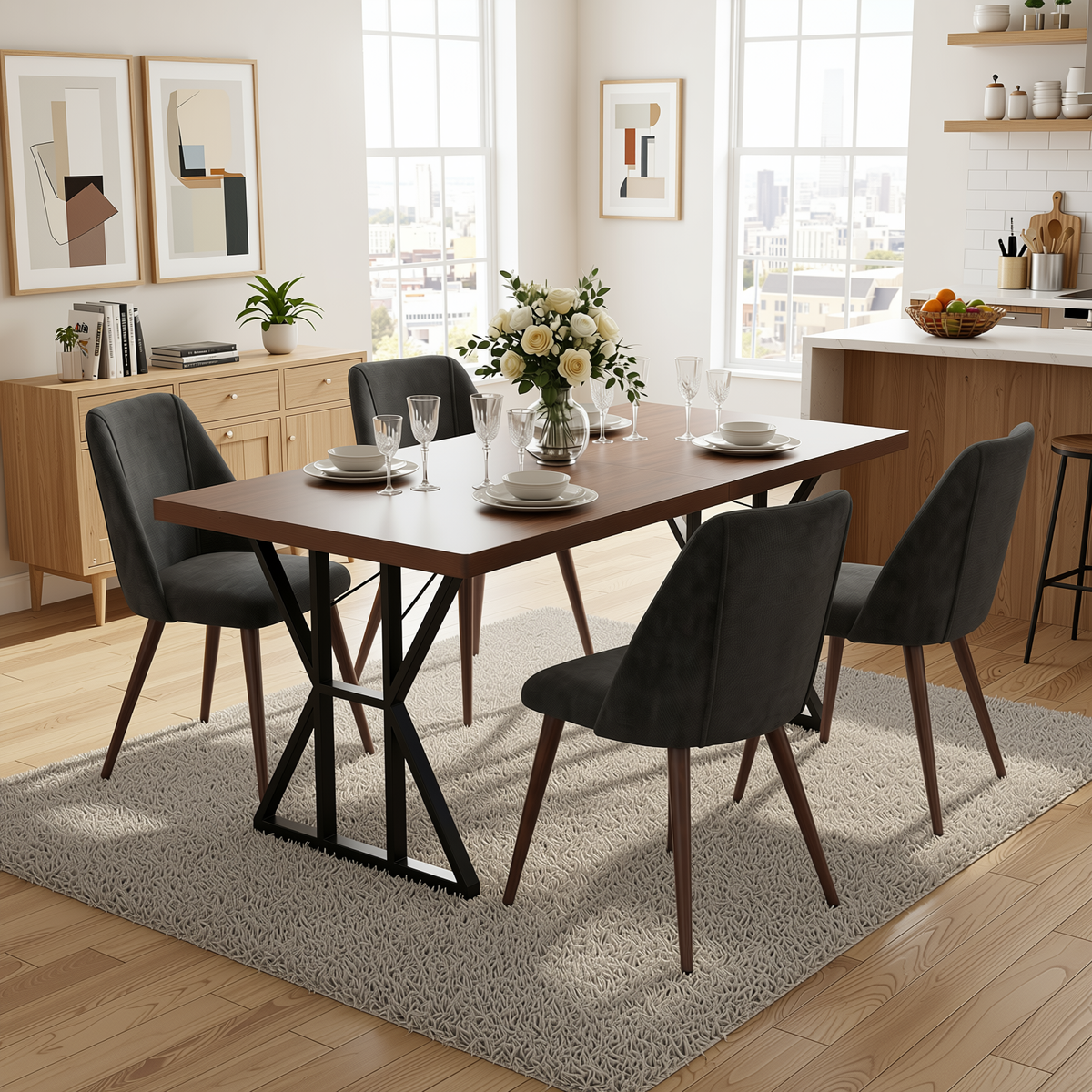 Homy Casa LEONARD+KALI 5PC Dining Set 63" Table with 4 Kali Charcoal Fabric Walnut Leg Chairs