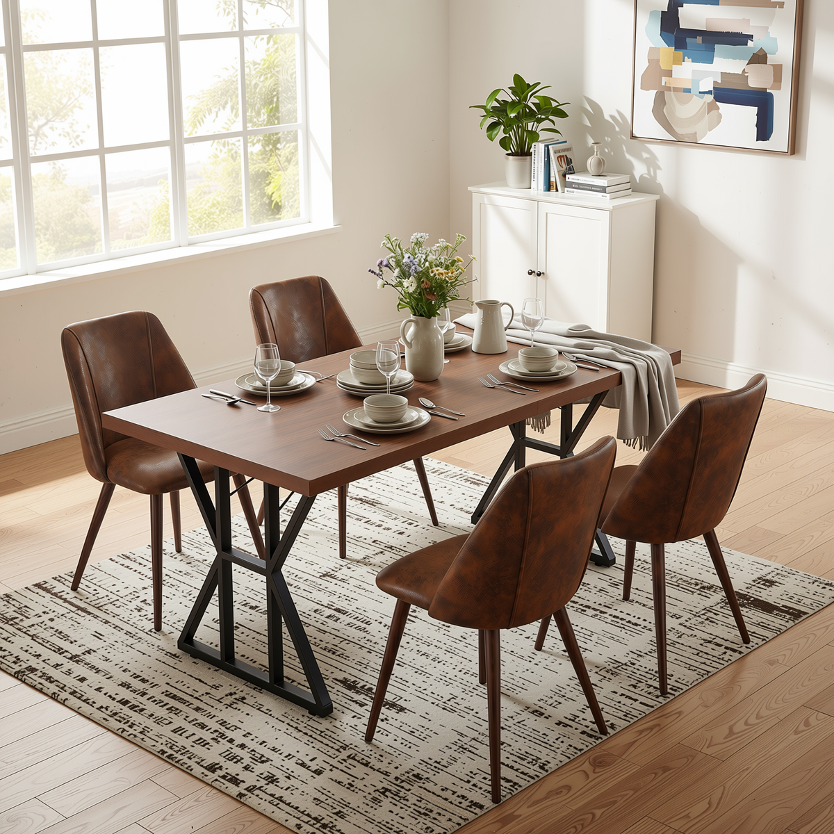 Homy Casa LEONARD+KALI 5PC Dining Set 63" Table with 4 Suede Brown Walnut Leg Chairs