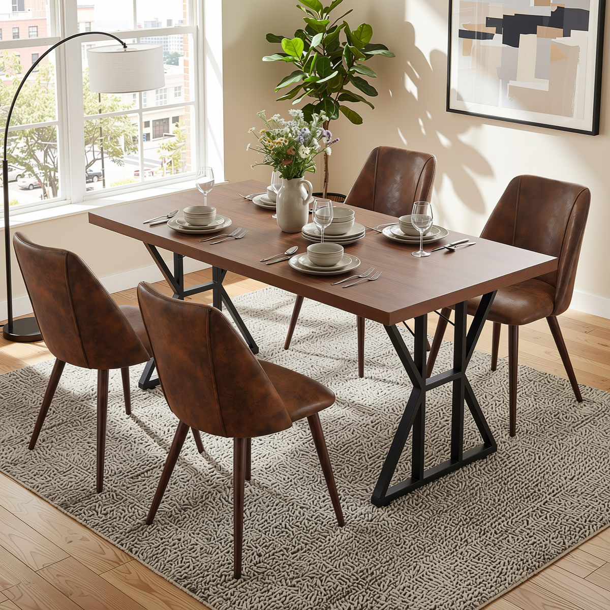 Homy Casa LEONARD+KALI 5PC Dining Set 63" Table with 4 Suede Brown Walnut Leg Chairs