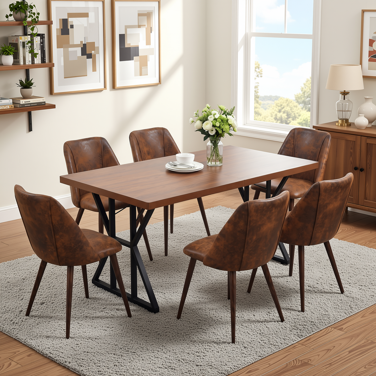 Homy Casa LEONARD+KALI 7PC Dining Set 63" Table with 6 Kali Brown Suede Chairs Walnut Metal Legs