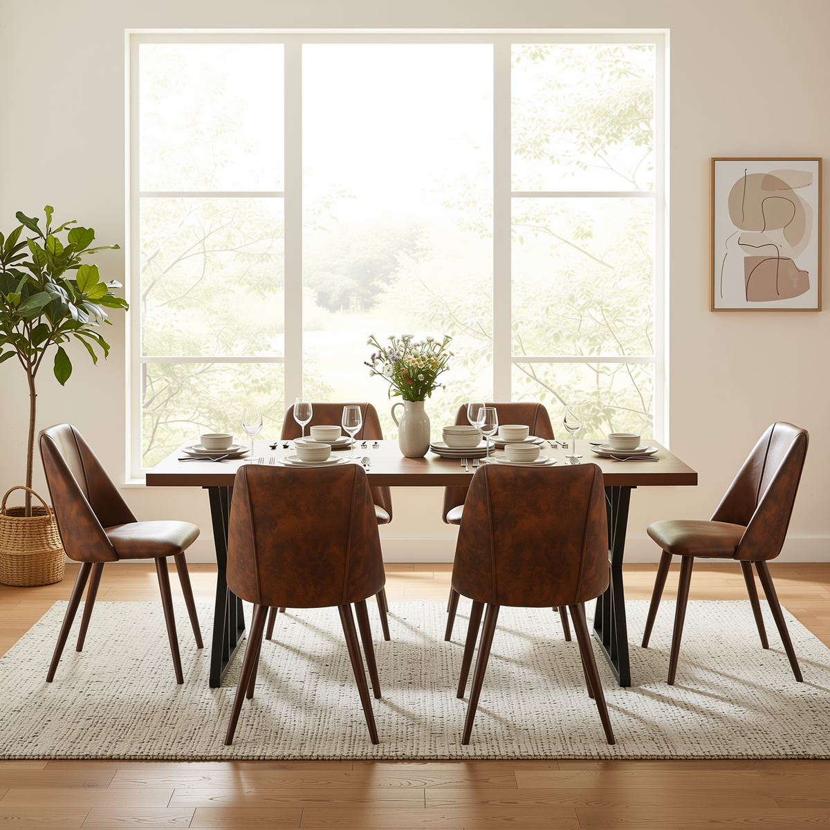 Homy Casa LEONARD+KALI 7PC Dining Set 63" Table with 6 Kali Brown Suede Chairs Walnut Metal Legs
