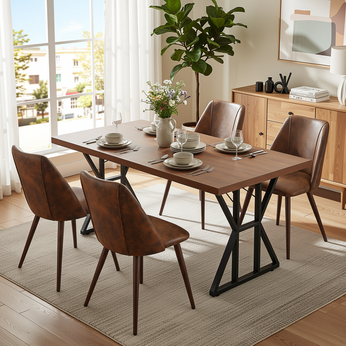Homy Casa LEONARD+KALI 5PC Dining Set 63" Table with 4 Suede Brown Walnut Leg Chairs