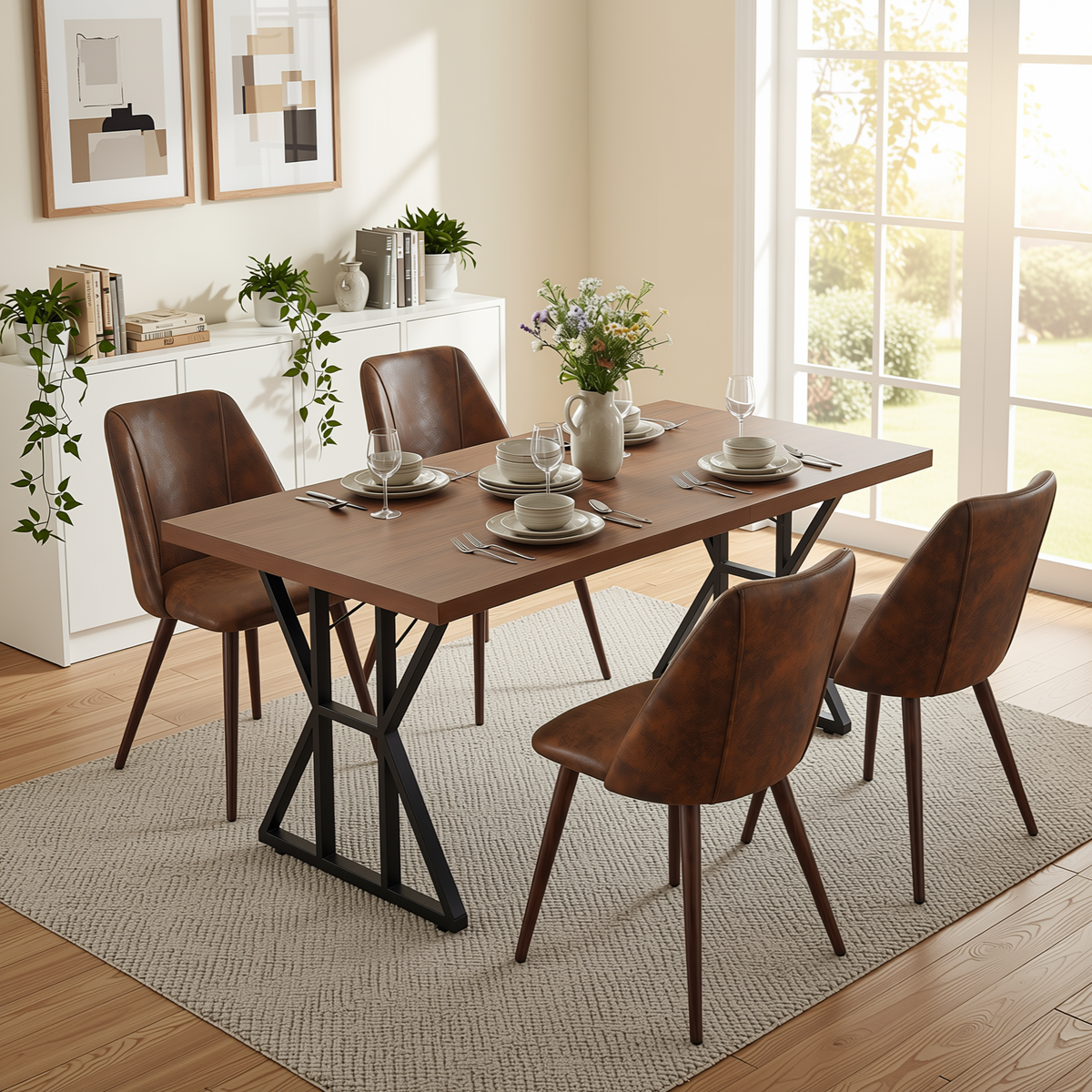 Homy Casa LEONARD+KALI 5PC Dining Set 63" Table with 4 Suede Brown Walnut Leg Chairs