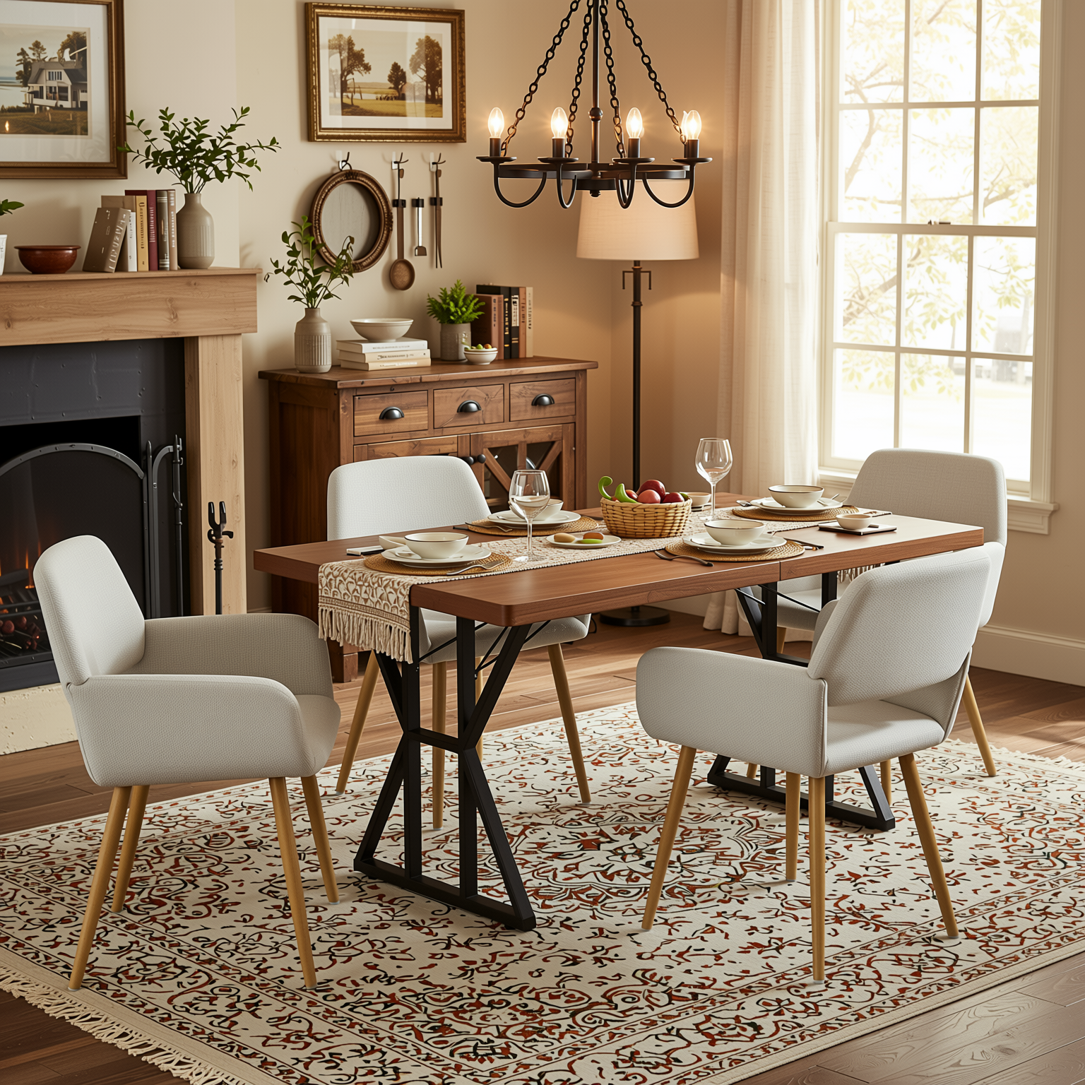 Homy Casa Leonard+Mayfair 5PC Dining Set 63" Rectangular Table with Beige Upholstered Chairs, Light Wood Look Legs