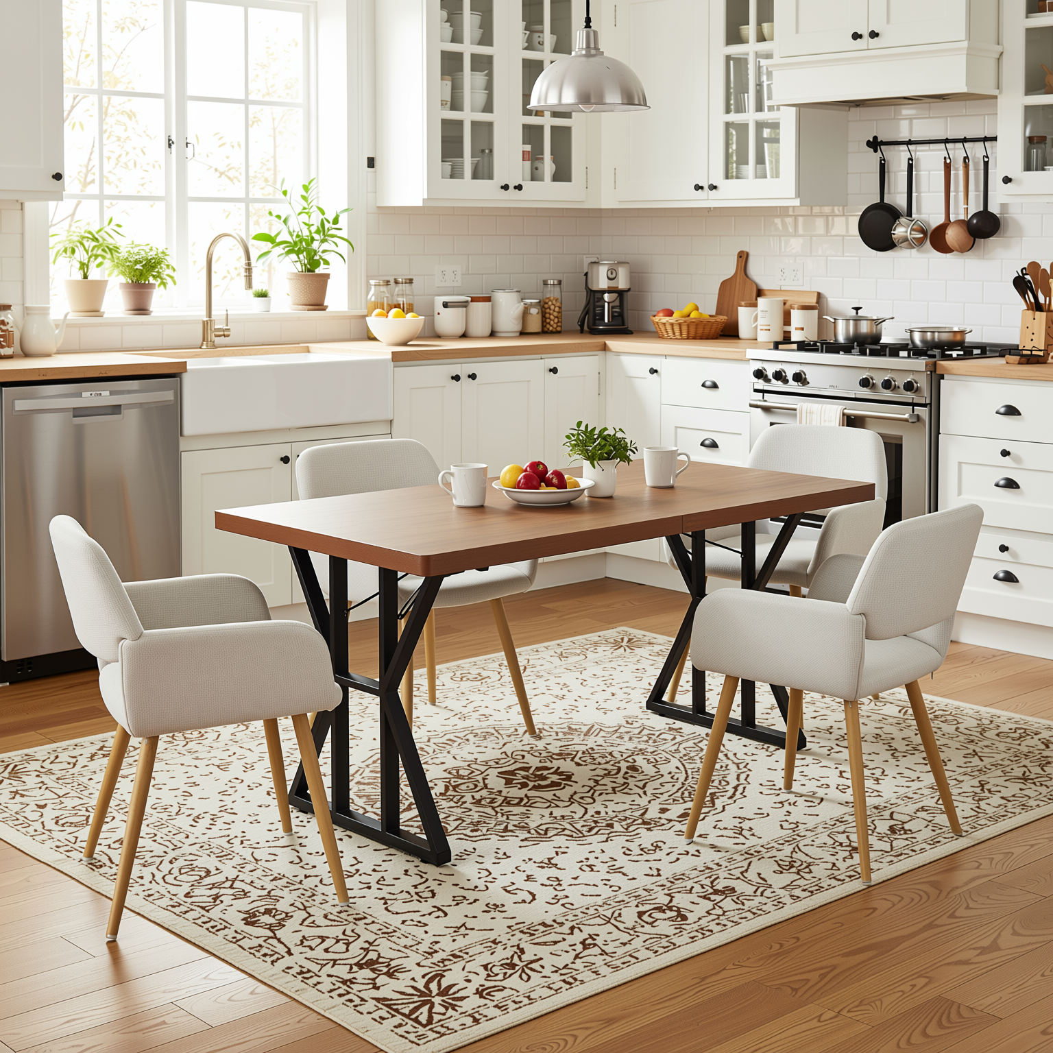 Homy Casa Leonard+Mayfair 5PC Dining Set 63" Rectangular Table with Beige Upholstered Chairs, Light Wood Look Legs
