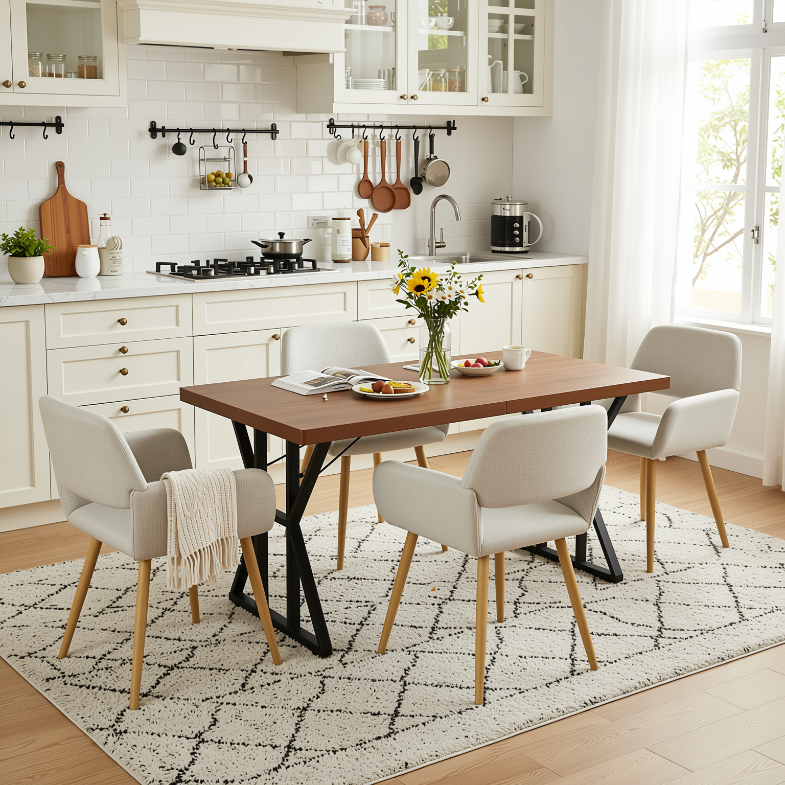 Homy Casa Leonard+Mayfair 5PC Dining Set 63" Rectangular Table with Beige Upholstered Chairs, Light Wood Look Legs
