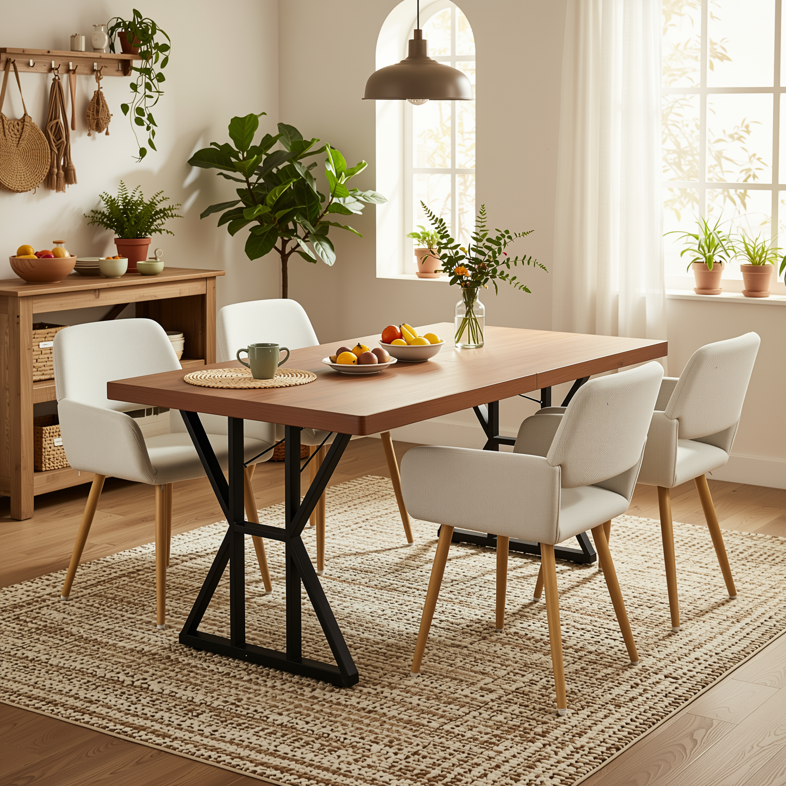 Homy Casa Leonard+Mayfair 5PC Dining Set 63" Rectangular Table with Beige Upholstered Chairs, Light Wood Look Legs