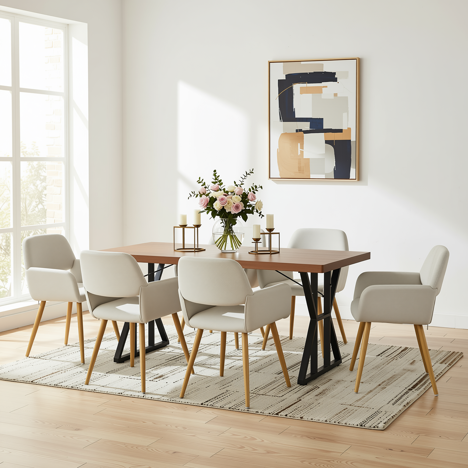 Homy Casa Leonard+Mayfair 7PC Dining Set 63" Rectangular Table with Beige Upholstered Chairs, Light Wood Look Legs