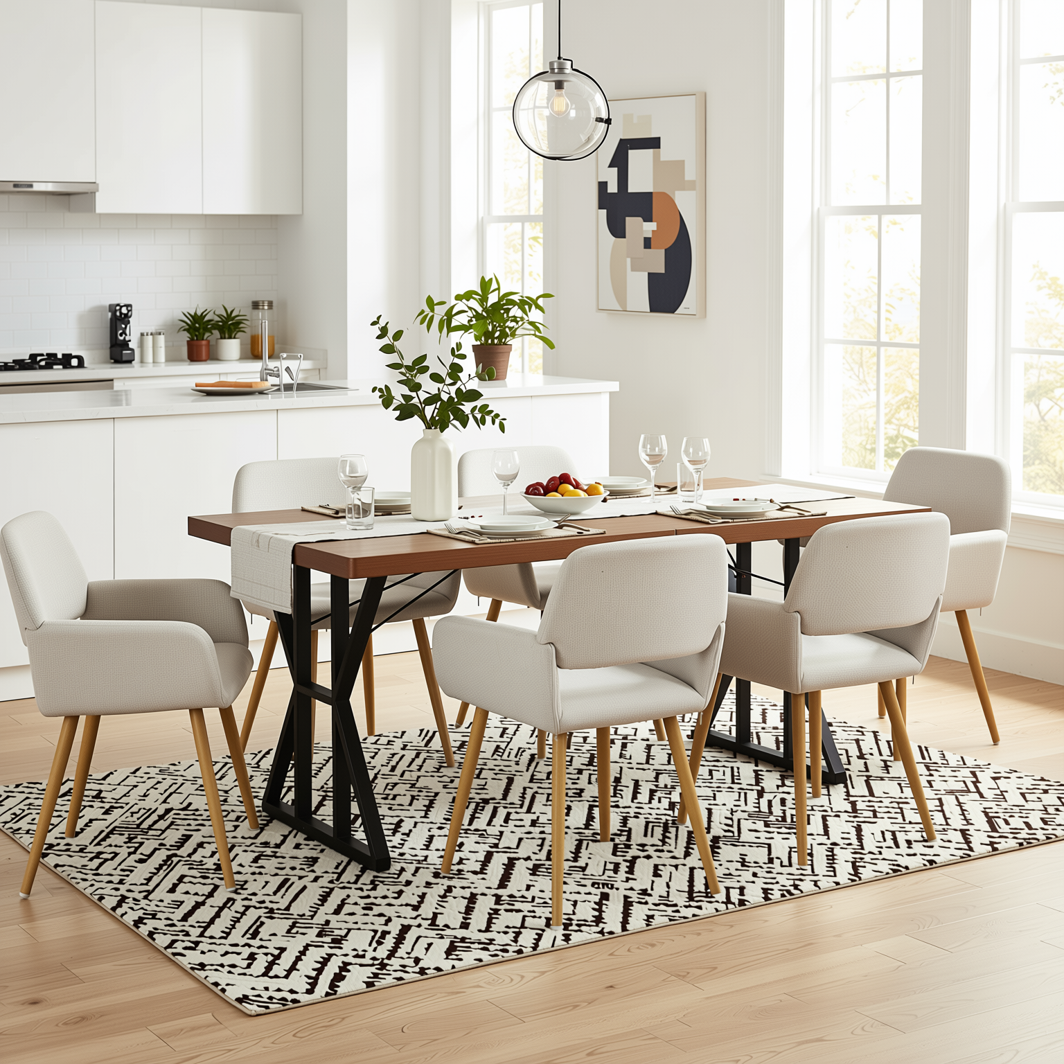 Homy Casa Leonard+Mayfair 7PC Dining Set 63" Rectangular Table with Beige Upholstered Chairs, Light Wood Look Legs