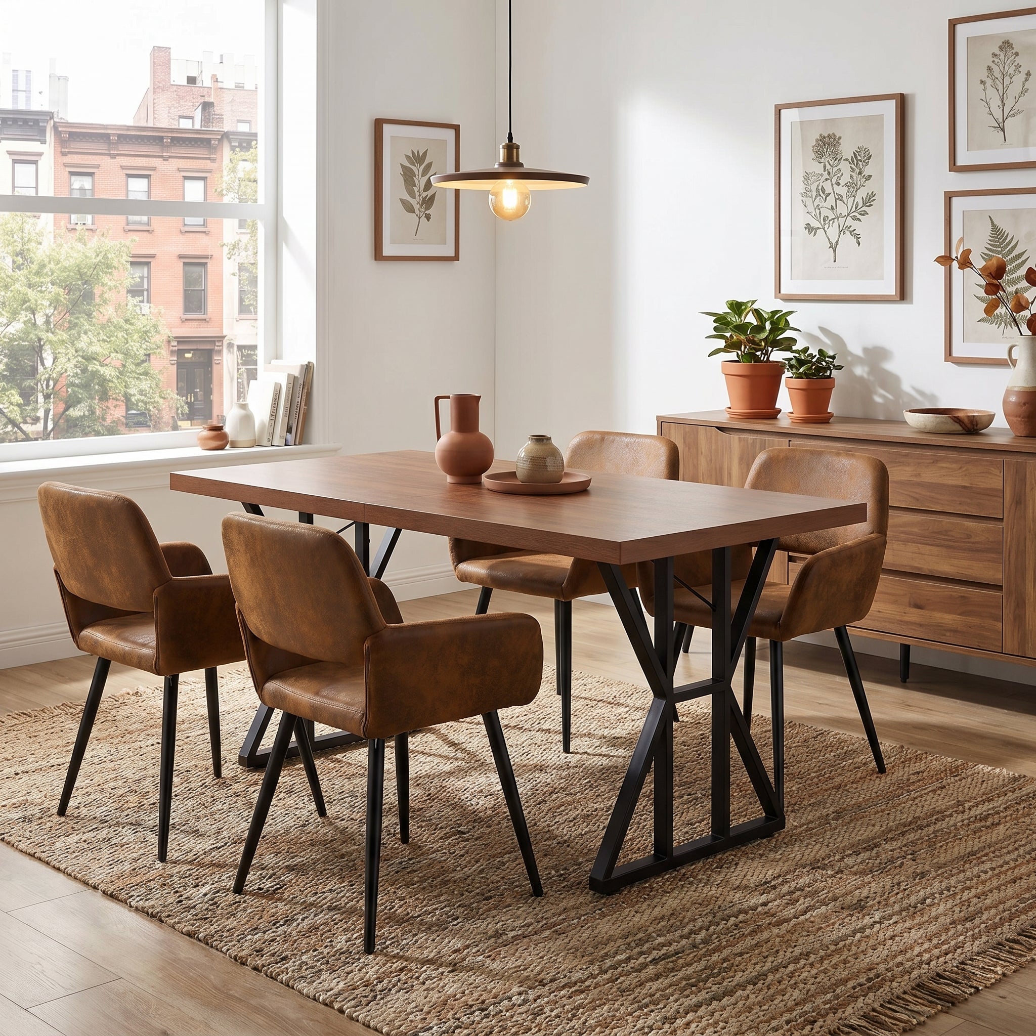 Homy Casa Leonard + Mayfair 5PC Dining Set 63" Table with 4 Suede Brown Upholstered Chairs, Black Legs
