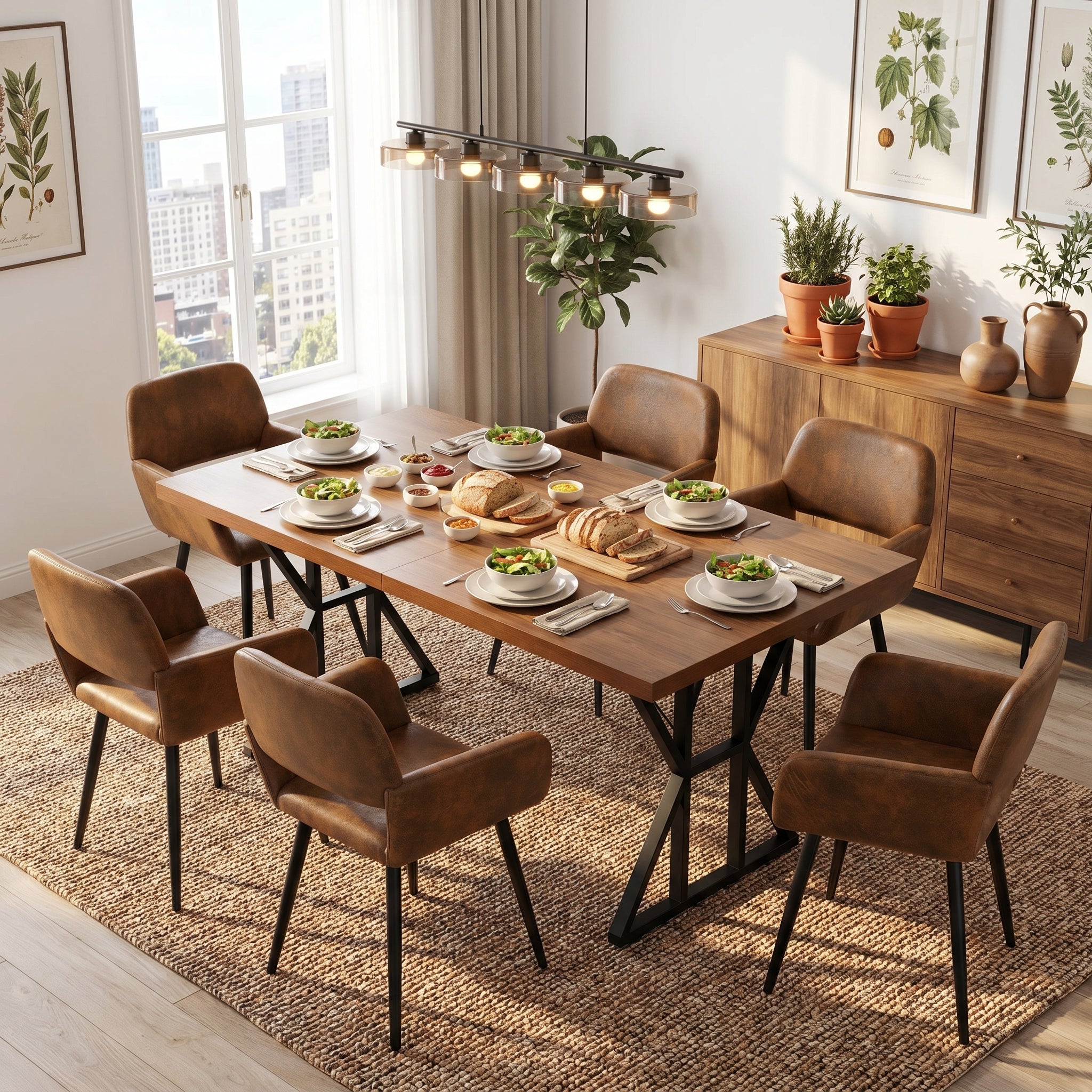 Homy Casa Leonard + Mayfair 7PC Dining Set 63" Table with 6 Suede Brown Upholstered Chairs, Black Legs