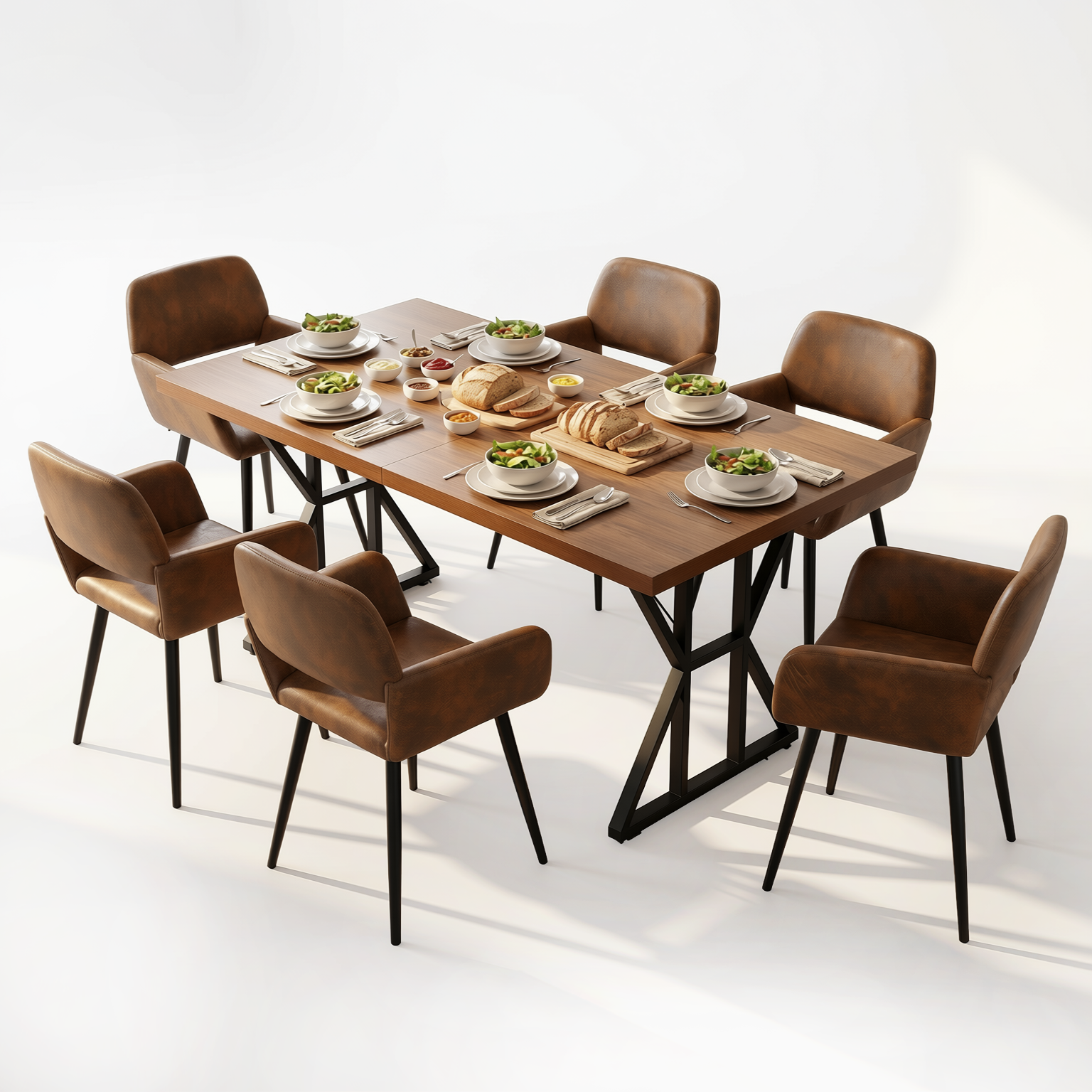 Homy Casa Leonard + Mayfair 7PC Dining Set 63" Table with 6 Suede Brown Upholstered Chairs, Black Legs