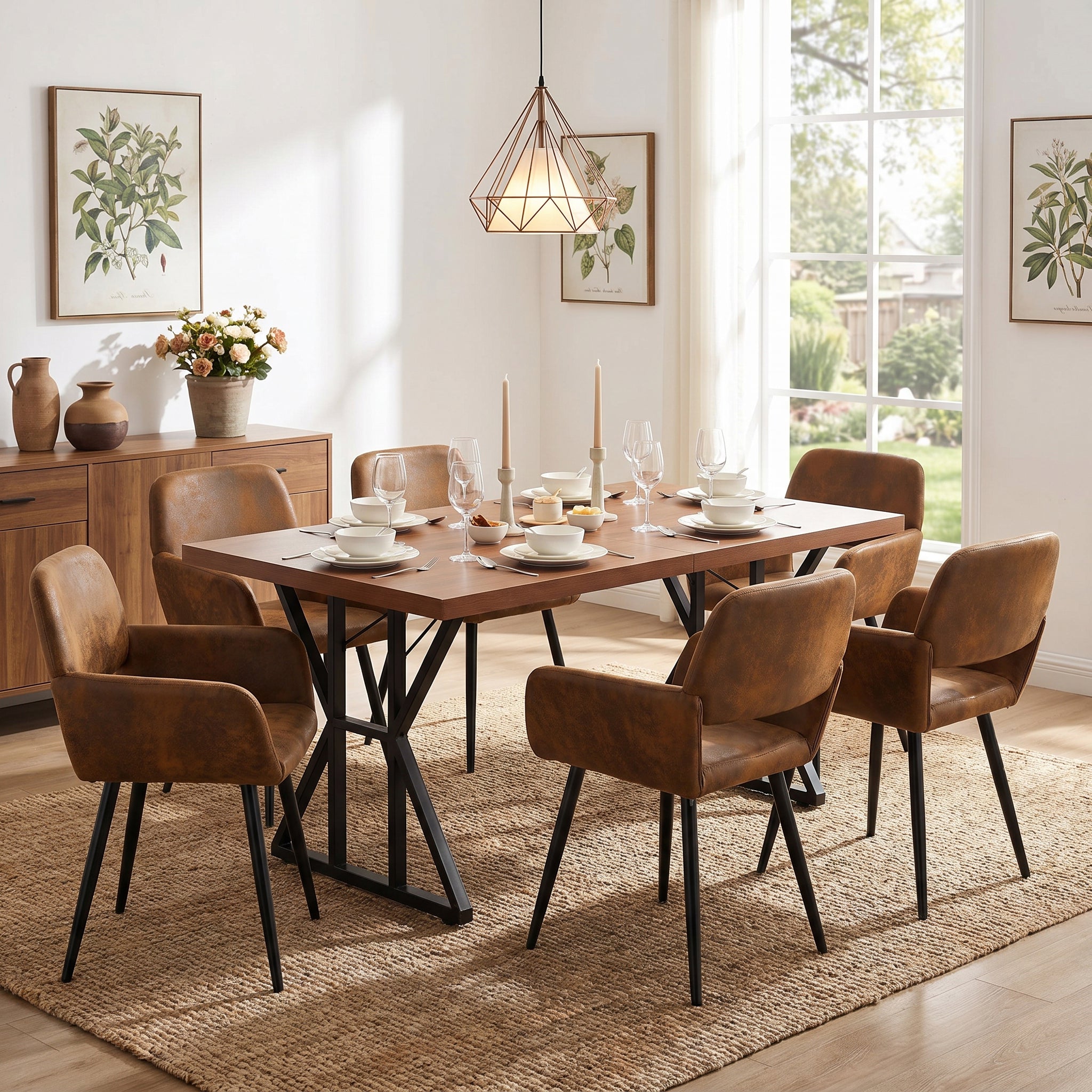 Homy Casa Leonard + Mayfair 7PC Dining Set 63" Table with 6 Suede Brown Upholstered Chairs, Black Legs