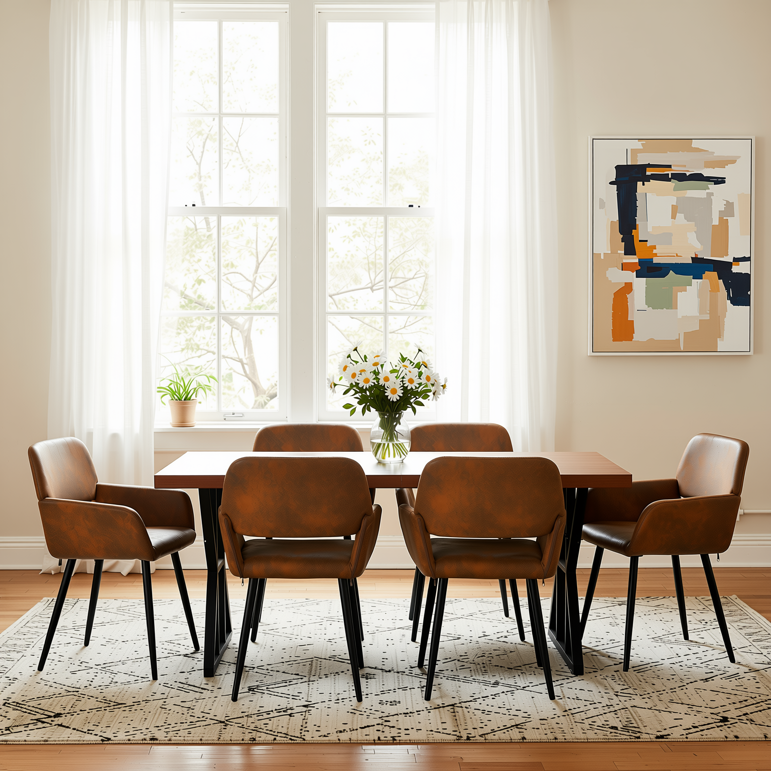 Homy Casa Leonard + Mayfair 7PC Dining Set 63" Table with 6 Suede Brown Upholstered Chairs, Black Legs