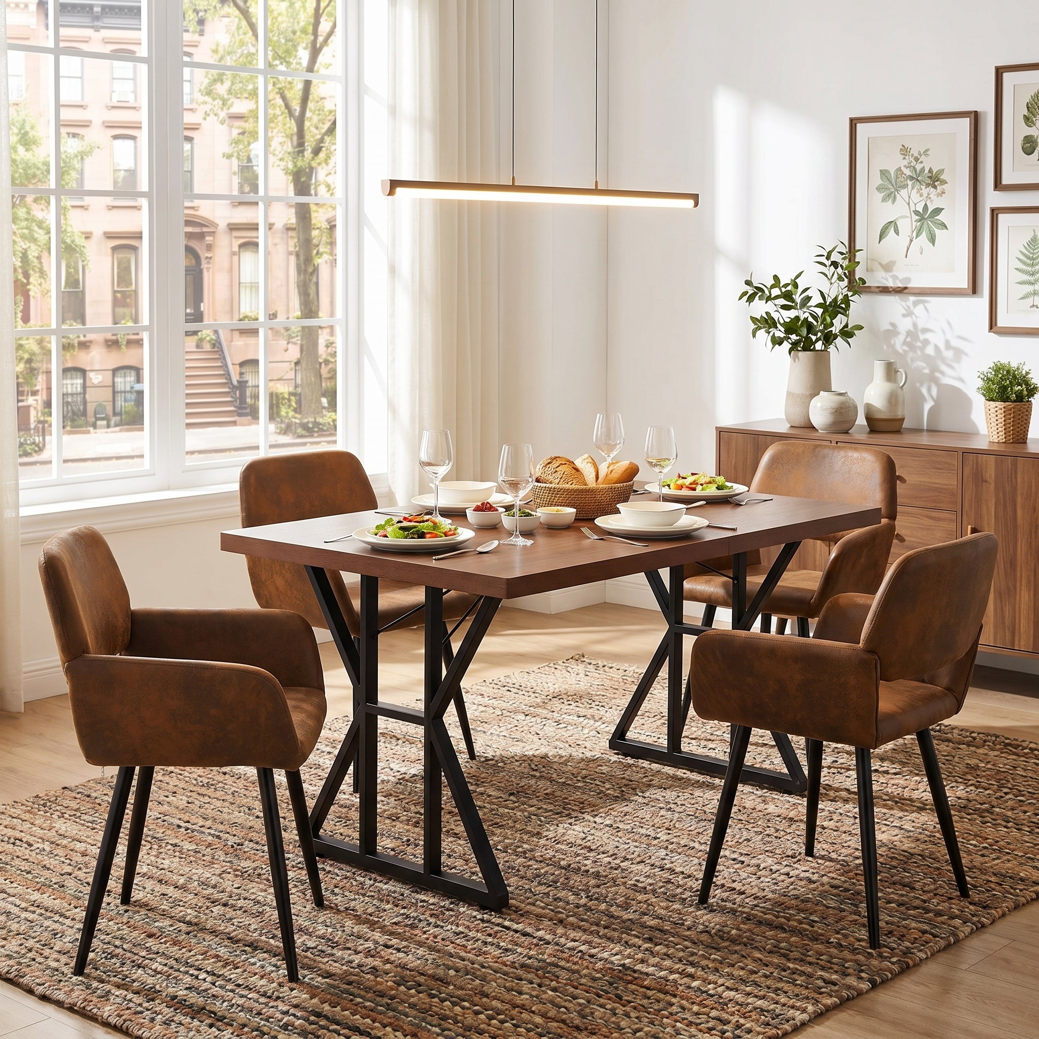 Homy Casa Leonard + Mayfair 5PC Dining Set 63" Table with 4 Suede Brown Upholstered Chairs, Black Legs