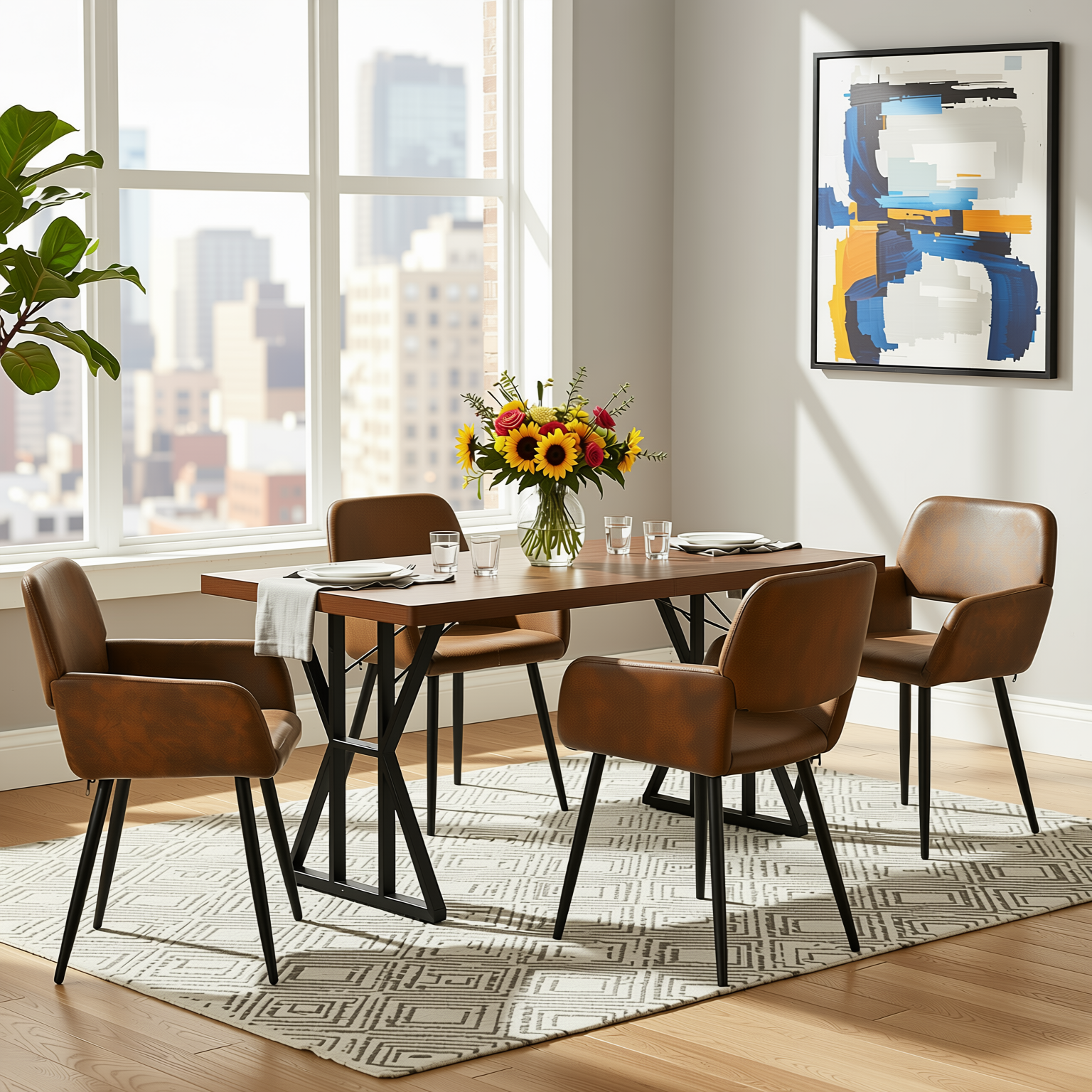 Homy Casa Leonard + Mayfair 5PC Dining Set 63" Table with 4 Suede Brown Upholstered Chairs, Black Legs