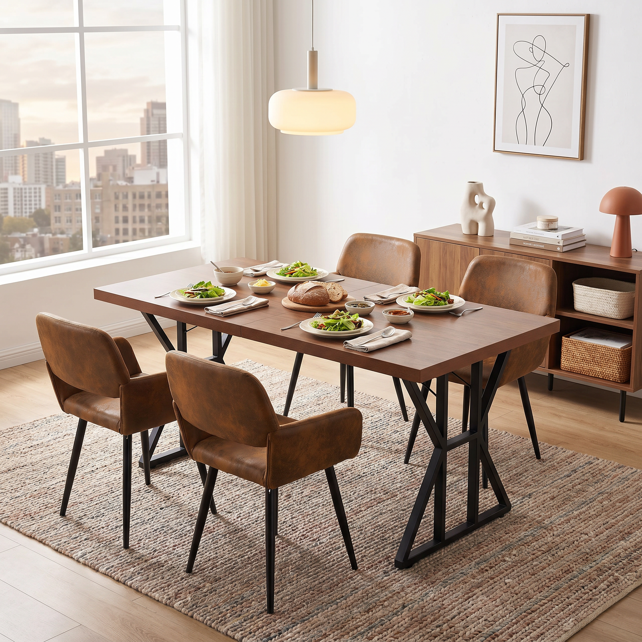 Homy Casa Leonard + Mayfair 5PC Dining Set 63" Table with 4 Suede Brown Upholstered Chairs, Black Legs