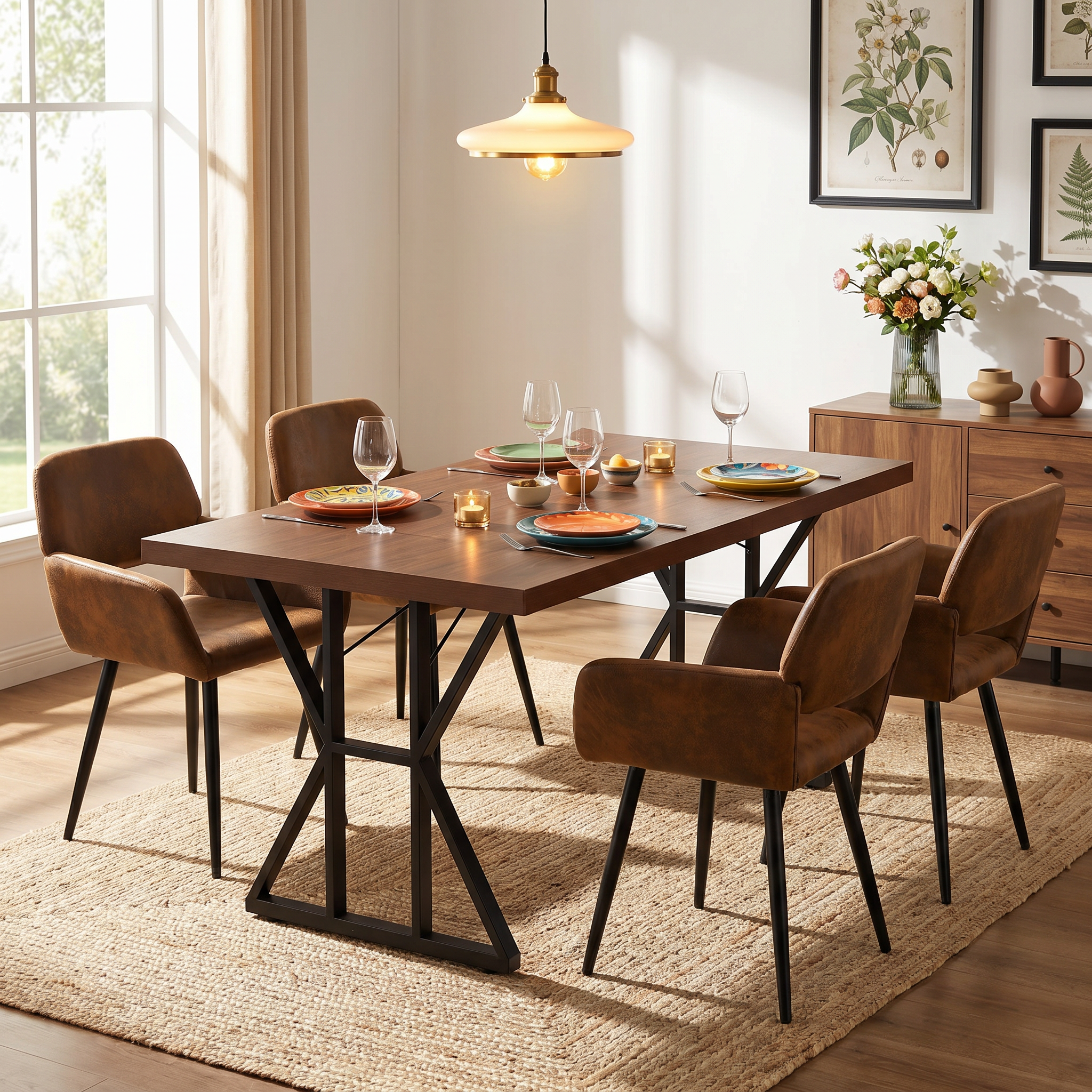 Homy Casa Leonard + Mayfair 5PC Dining Set 63" Table with 4 Suede Brown Upholstered Chairs, Black Legs