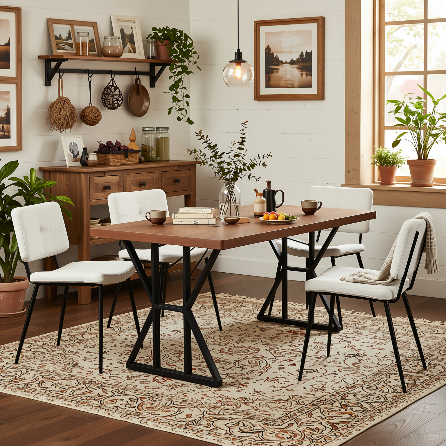 Homy Casa Leonard+Pomona 5PC Dining Set 63" Table with Beige Fabric Upholstered Chairs, Black Metal Frame