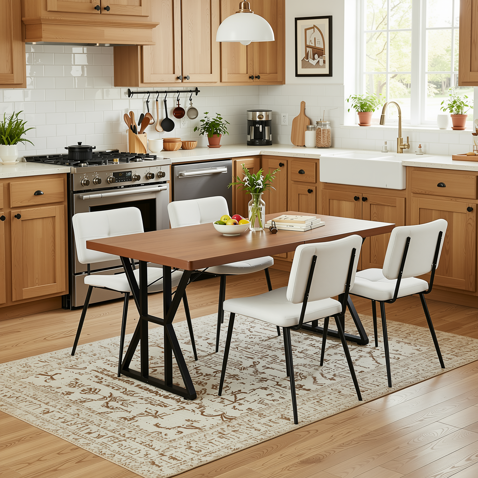 Homy Casa Leonard+Pomona 5PC Dining Set 63" Table with Beige Fabric Upholstered Chairs, Black Metal Frame