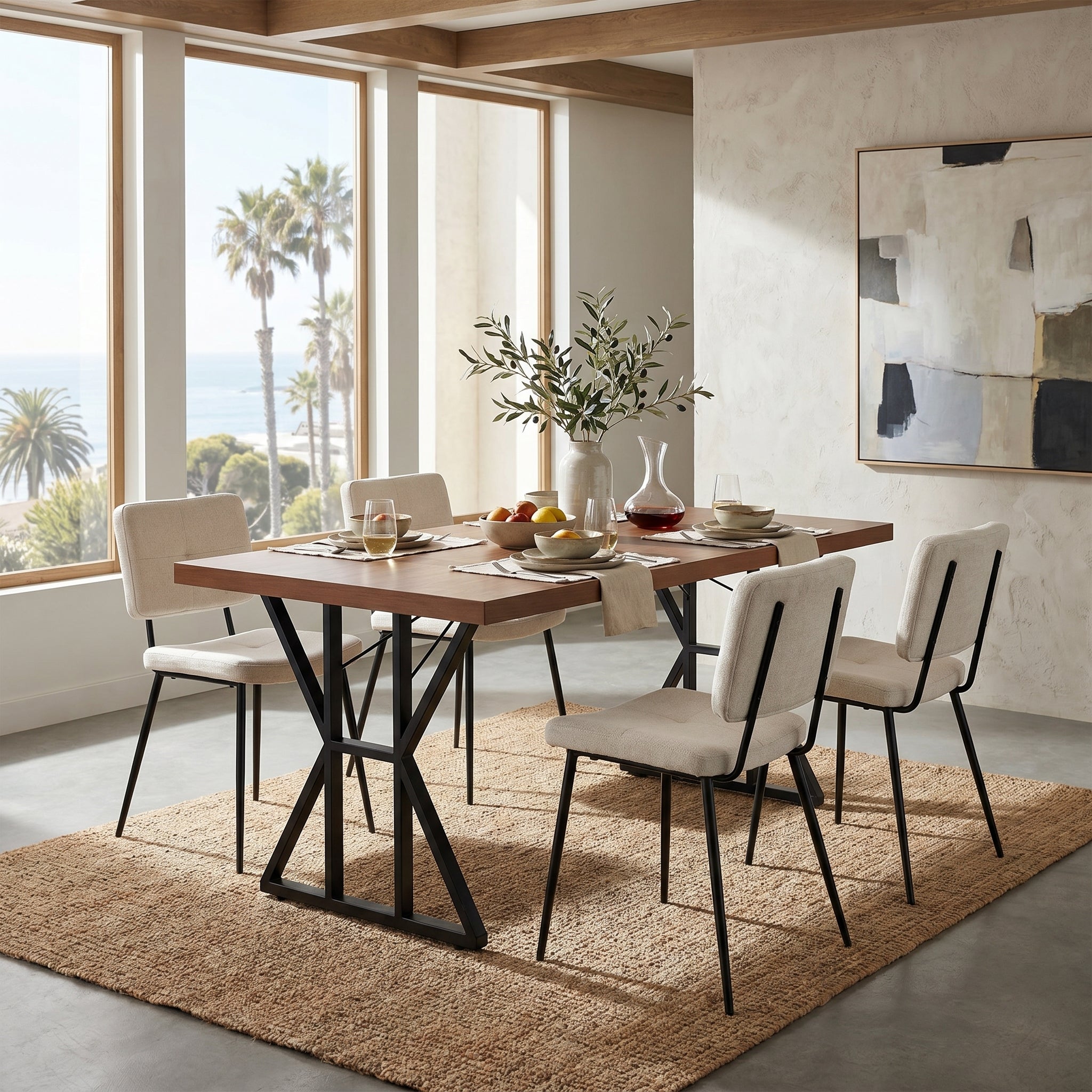 Homy Casa Leonard+Pomona 5PC Dining Set 63" Table with Beige Fabric Upholstered Chairs, Black Metal Frame