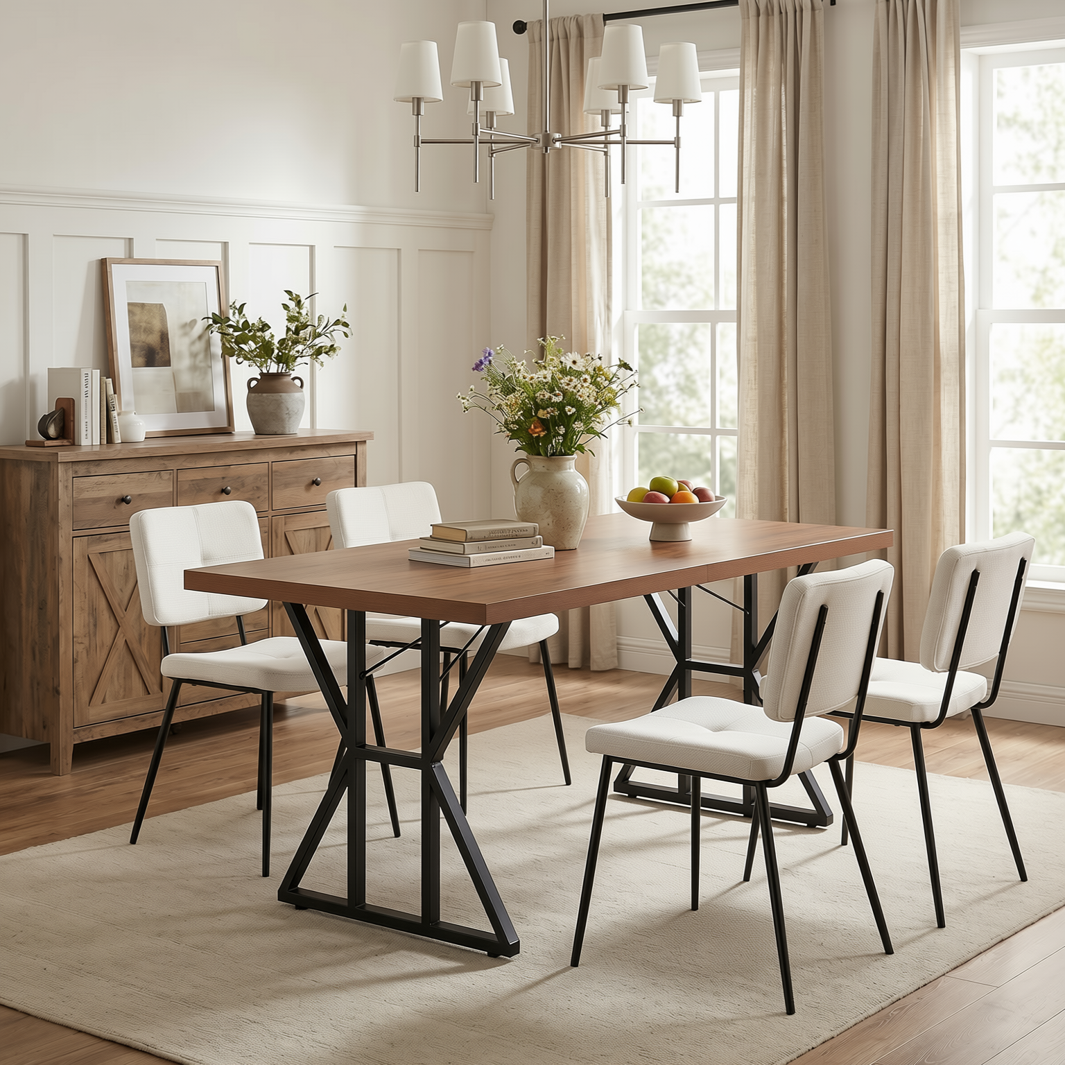 Homy Casa Leonard+Pomona 5PC Dining Set 63" Table with Beige Fabric Upholstered Chairs, Black Metal Frame