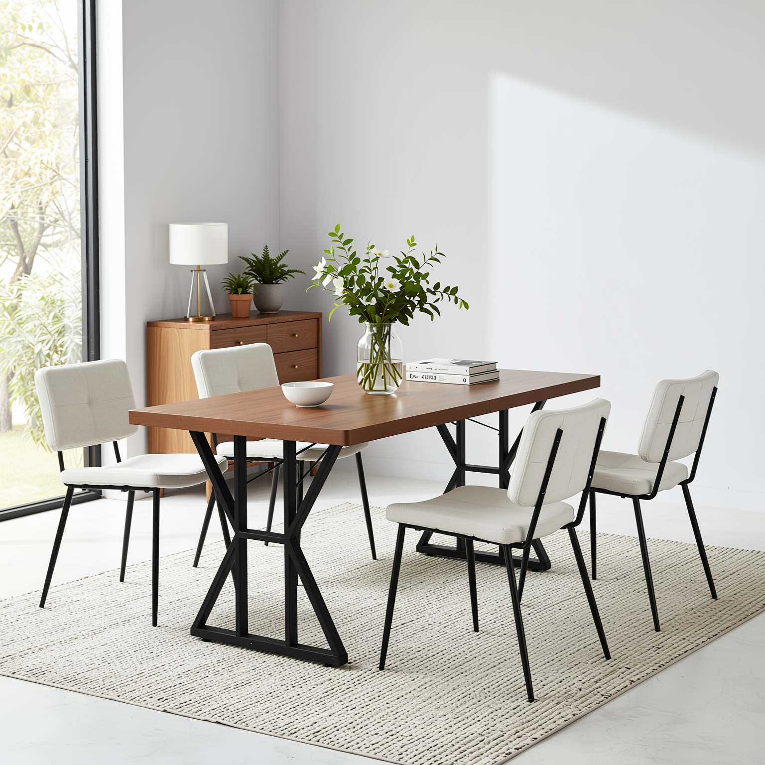 Homy Casa Leonard+Pomona 5PC Dining Set 63" Table with Beige Fabric Upholstered Chairs, Black Metal Frame