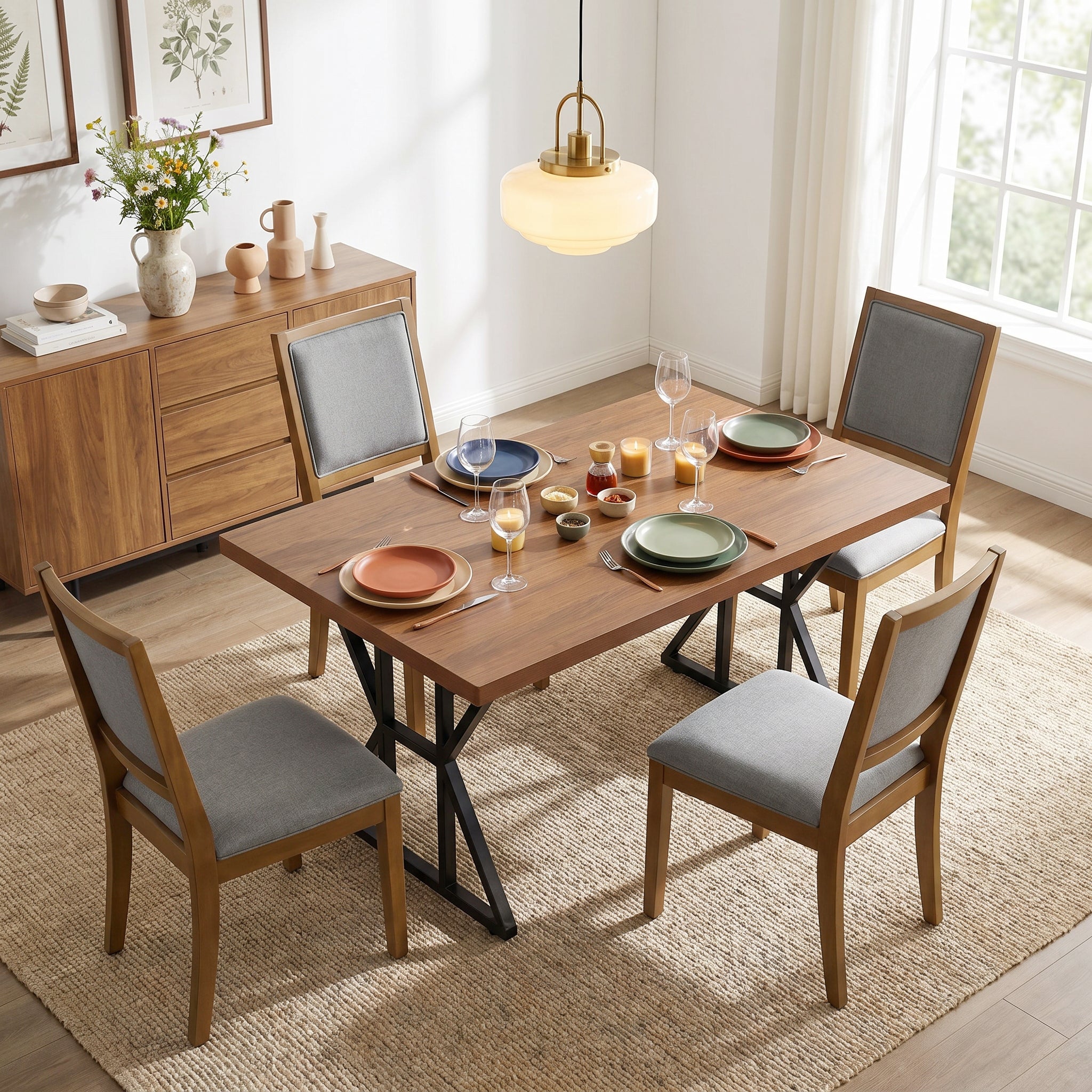 Homy Casa Leonard+Siget 5PC Dining Set 63" Table with 2 Charcoal Upholstered Chairs and Haze Wood Legs
