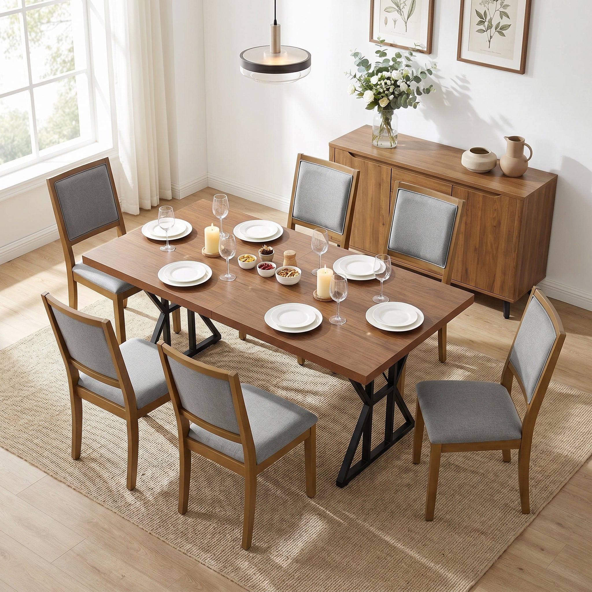 Homy Casa Leonard+Siget 7PC Dining Set 63" Table with 6 Charcoal Upholstered Chairs and Haze Wood Legs