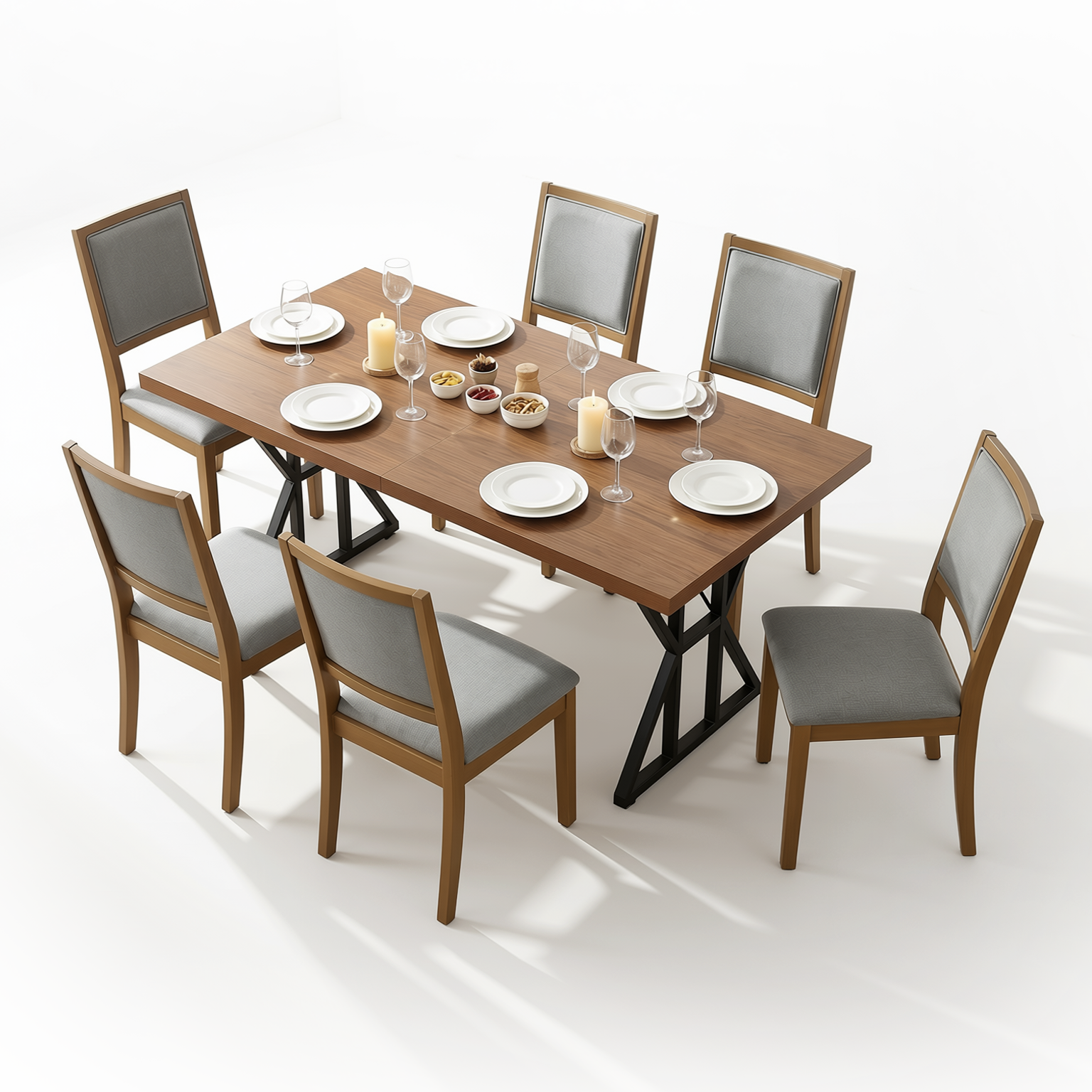Homy Casa Leonard+Siget 7PC Dining Set 63" Table with 6 Charcoal Upholstered Chairs and Haze Wood Legs