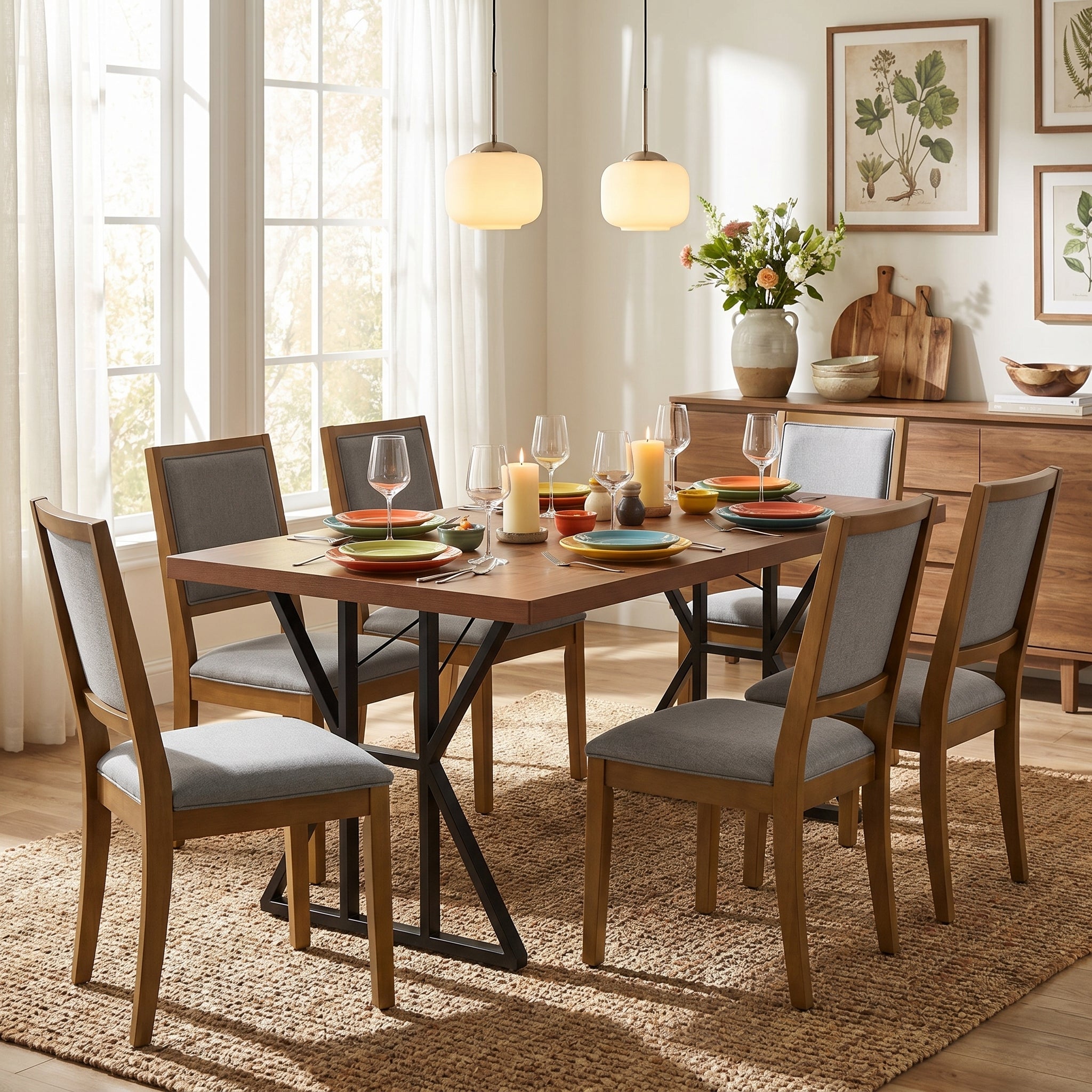 Homy Casa Leonard+Siget 7PC Dining Set 63" Table with 6 Charcoal Upholstered Chairs and Haze Wood Legs