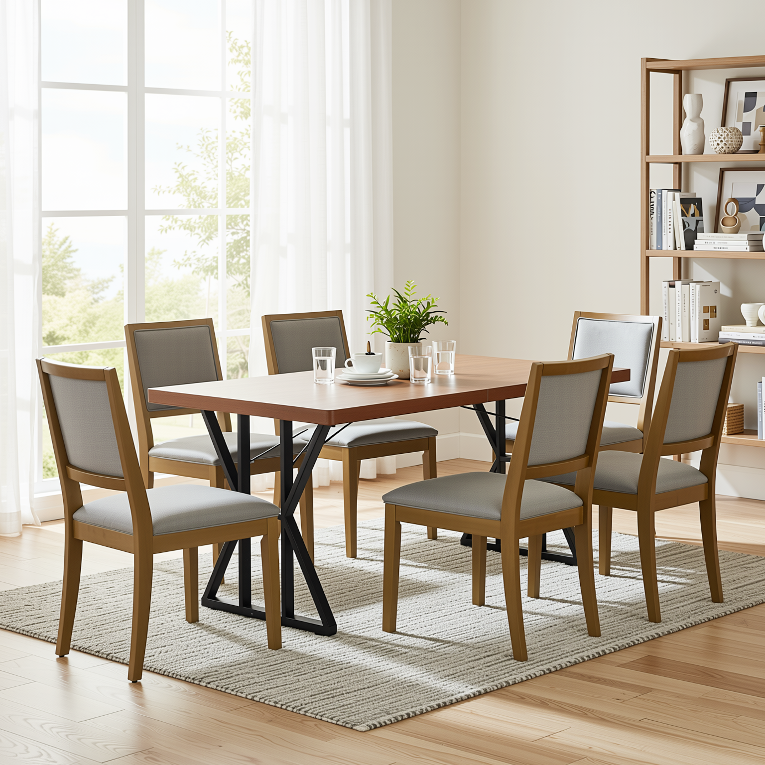 Homy Casa Leonard+Siget 7PC Dining Set 63" Table with 6 Charcoal Upholstered Chairs and Haze Wood Legs