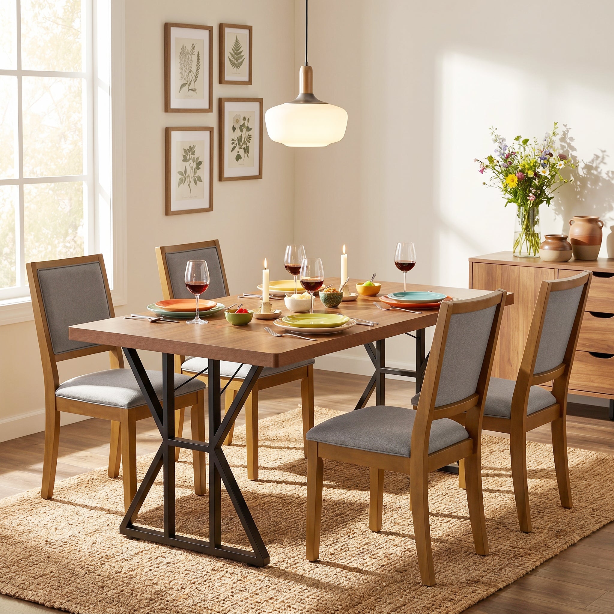 Homy Casa Leonard+Siget 5PC Dining Set 63" Table with 2 Charcoal Upholstered Chairs and Haze Wood Legs