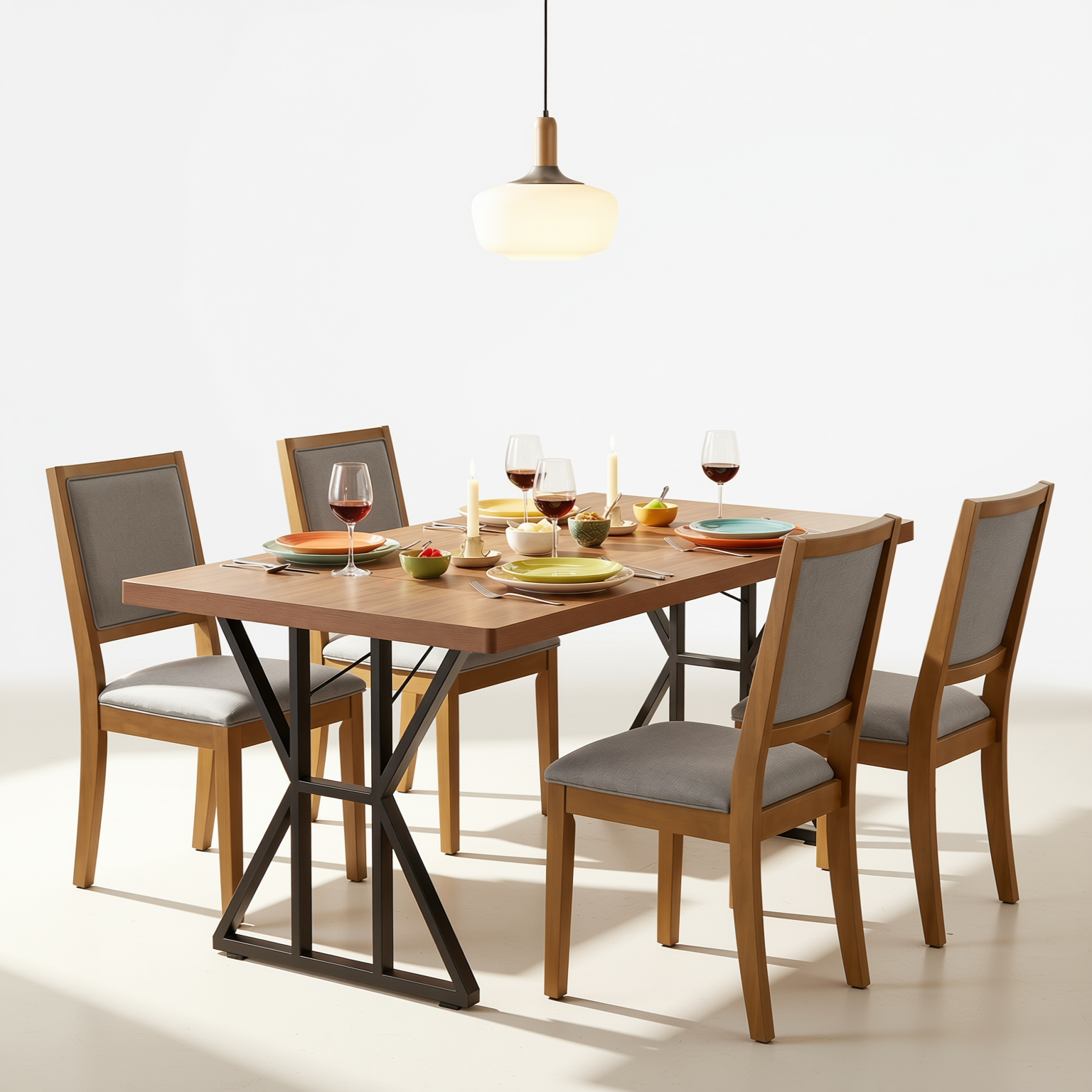 Homy Casa Leonard+Siget 5PC Dining Set 63" Table with 2 Charcoal Upholstered Chairs and Haze Wood Legs