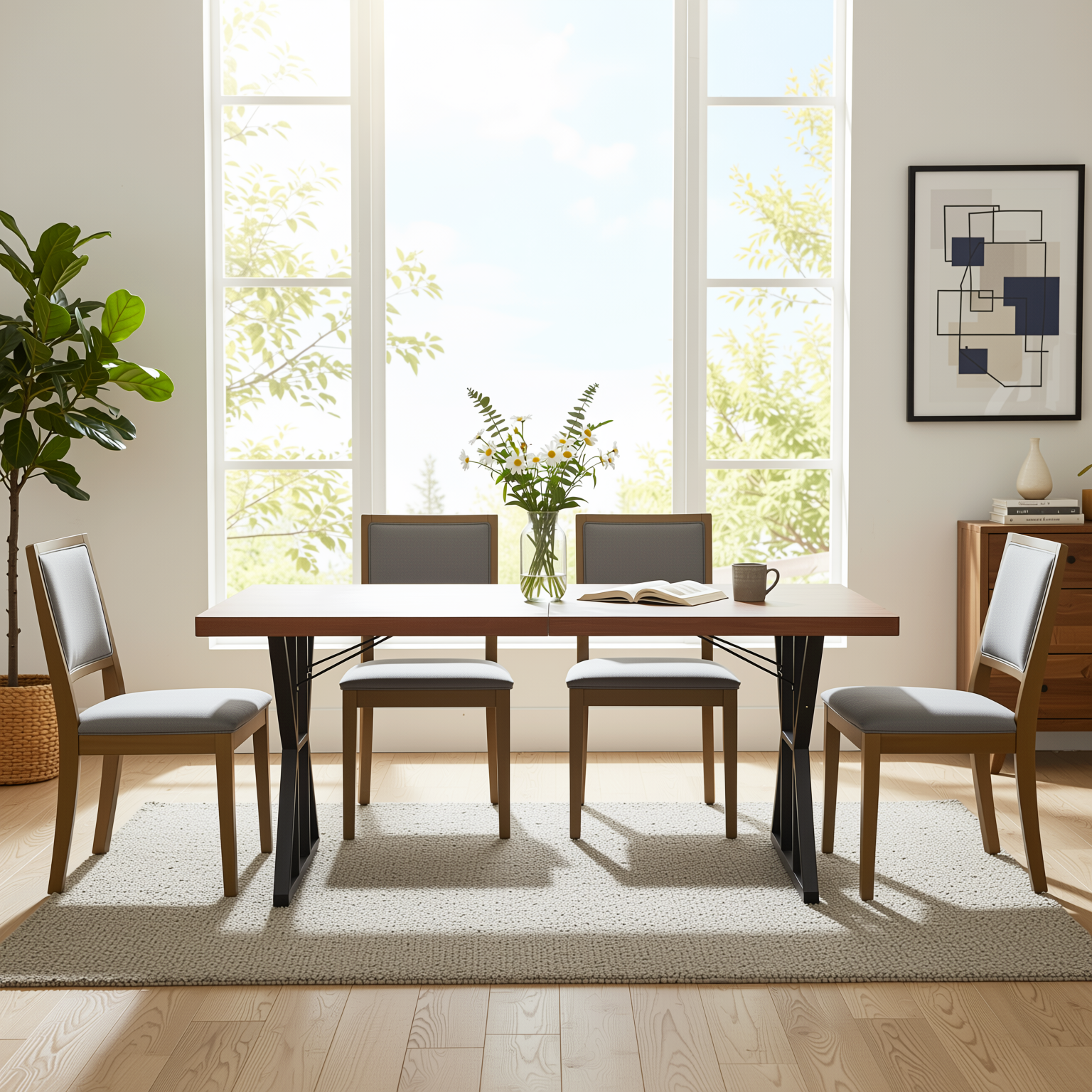 Homy Casa Leonard+Siget 5PC Dining Set 63" Table with 2 Charcoal Upholstered Chairs and Haze Wood Legs