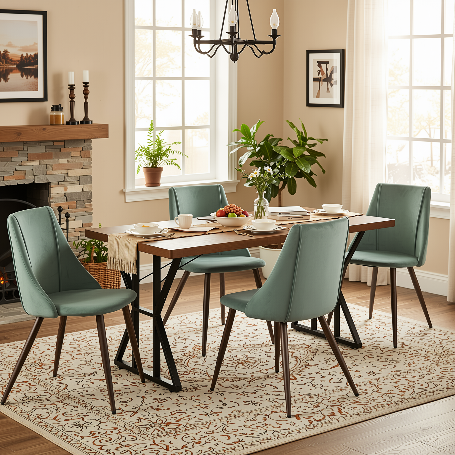 Homy Casa Leonard+Smeg 5PC Dining Set 63" Brown Dining Table with Velvet Cactus Upholstered Chairs