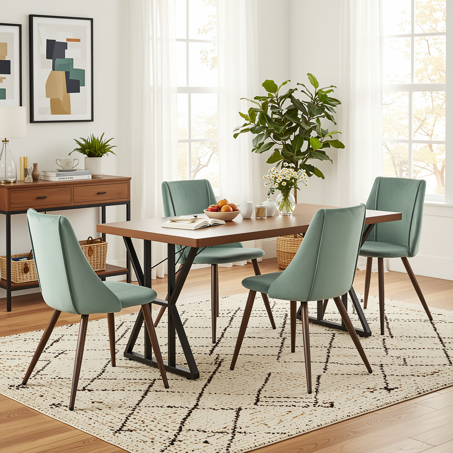 Homy Casa Leonard+Smeg 5PC Dining Set 63" Brown Dining Table with Velvet Cactus Upholstered Chairs