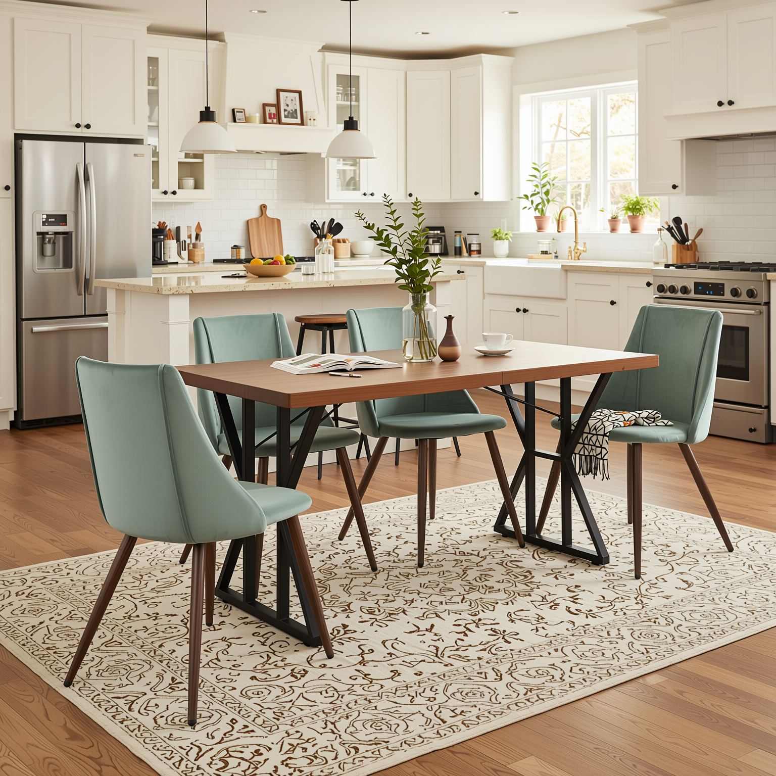 Homy Casa Leonard+Smeg 5PC Dining Set 63" Brown Dining Table with Velvet Cactus Upholstered Chairs