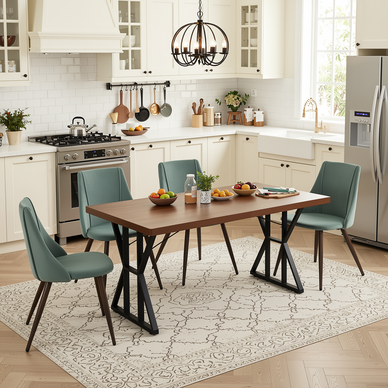 Homy Casa Leonard+Smeg 5PC Dining Set 63" Brown Dining Table with Velvet Cactus Upholstered Chairs