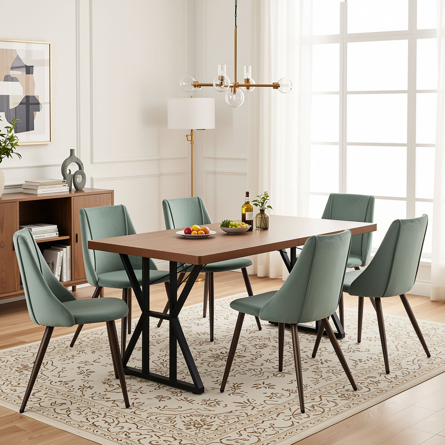 Homy Casa Leonard+Smeg 7PC Dining Set 63” Brown Dining Table with Velvet Cactus Upholstered Chairs