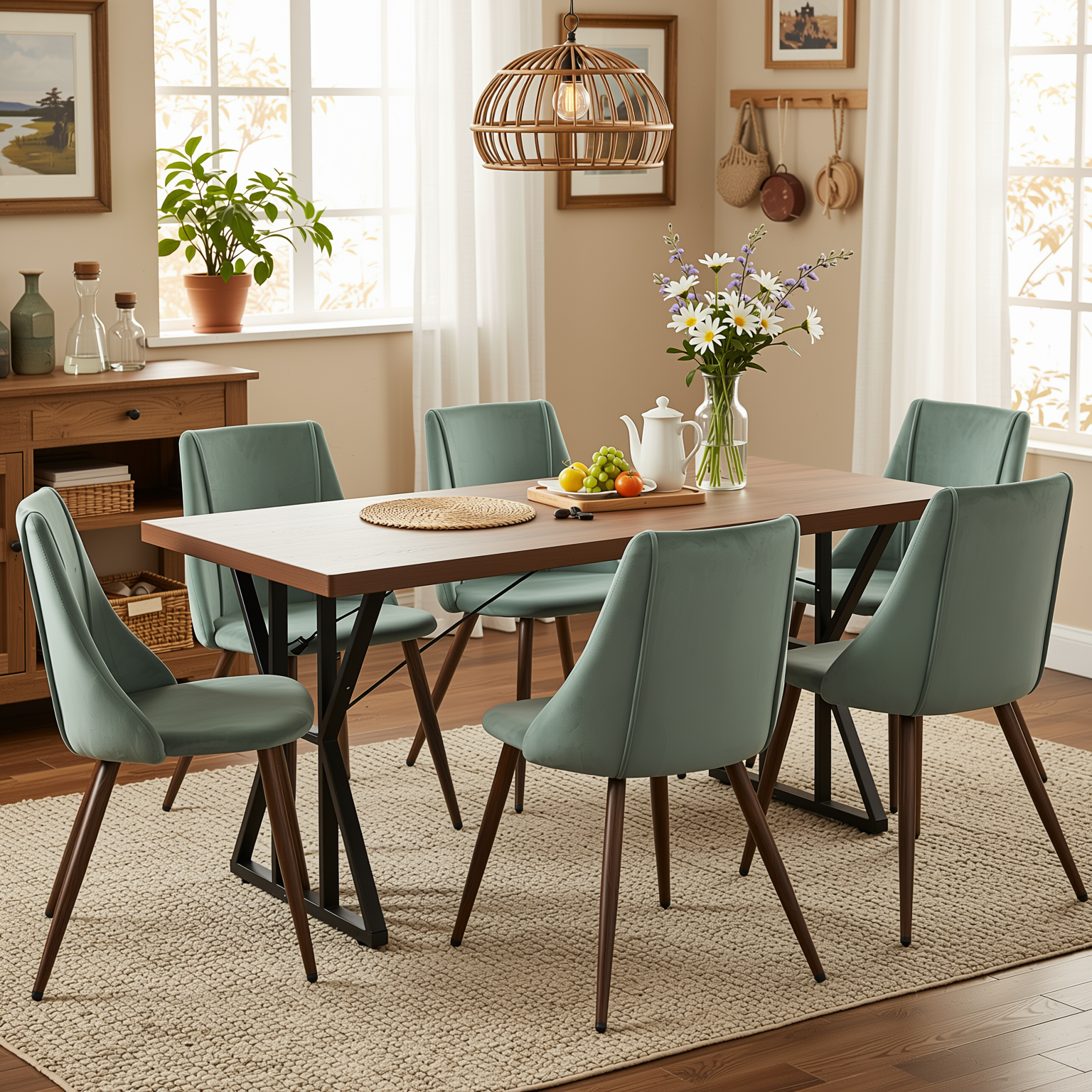 Homy Casa Leonard+Smeg 7PC Dining Set 63” Brown Dining Table with Velvet Cactus Upholstered Chairs