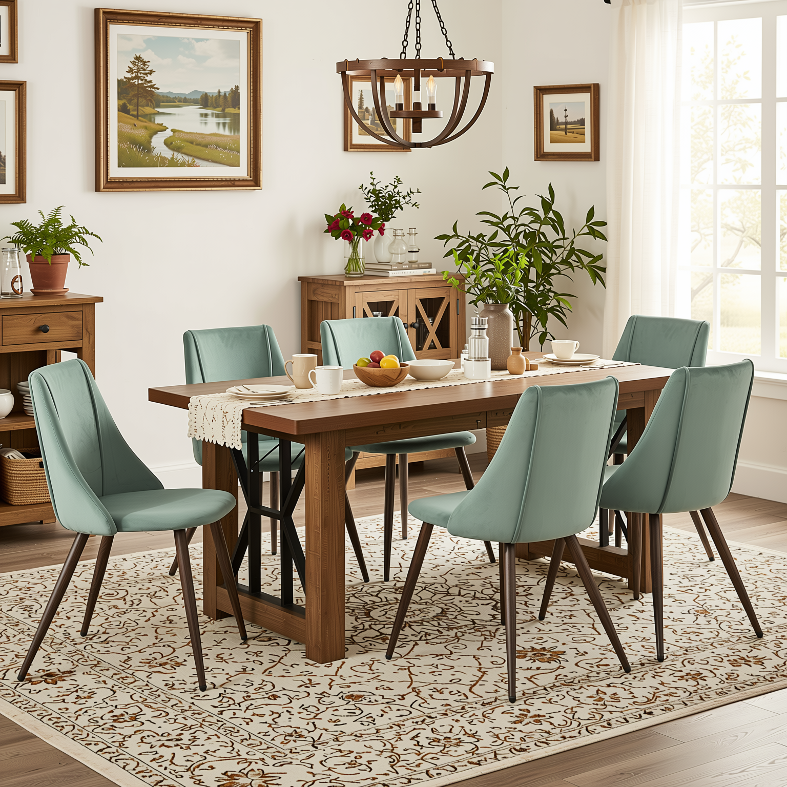 Homy Casa Leonard+Smeg 7PC Dining Set 63” Brown Dining Table with Velvet Cactus Upholstered Chairs