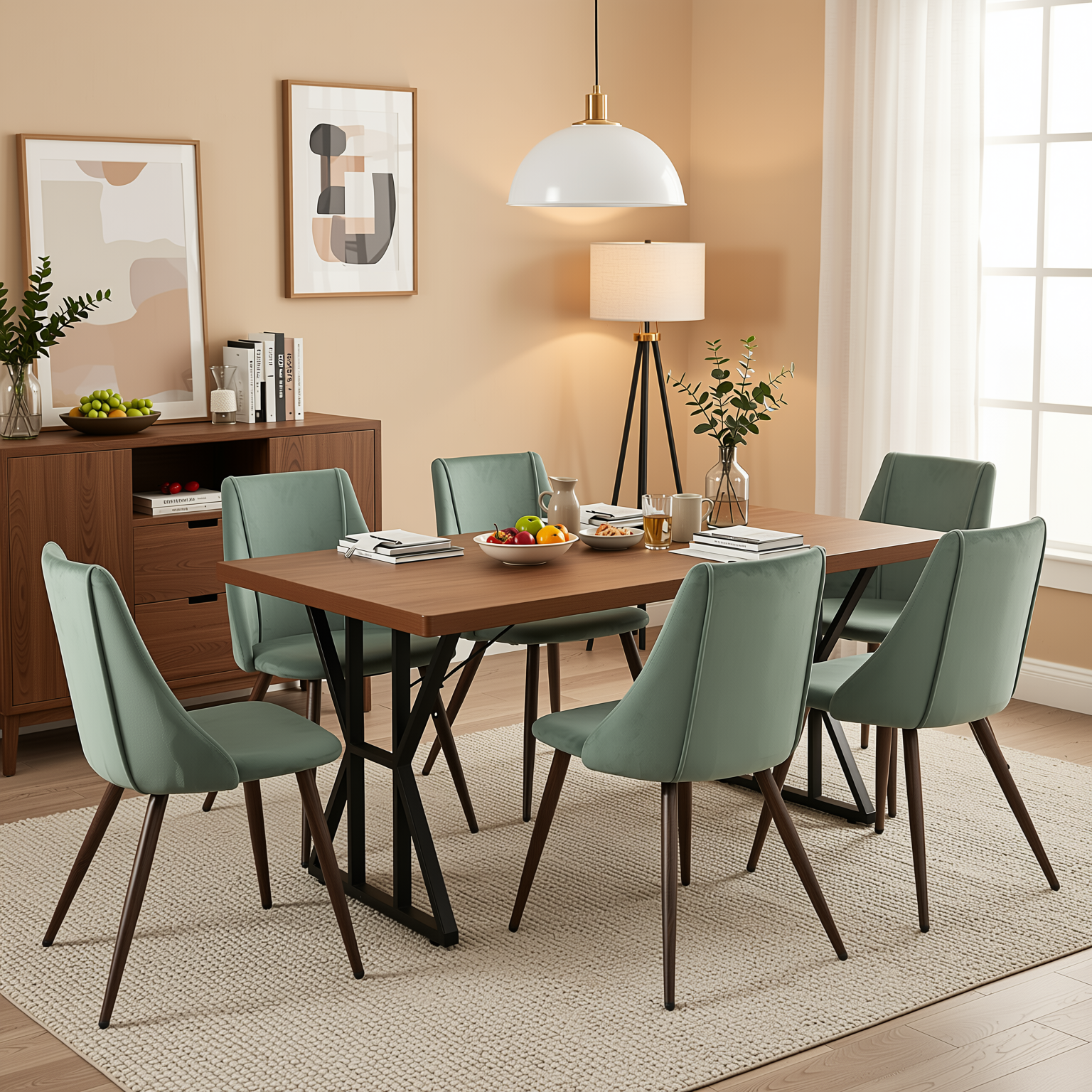 Homy Casa Leonard+Smeg 7PC Dining Set 63” Brown Dining Table with Velvet Cactus Upholstered Chairs