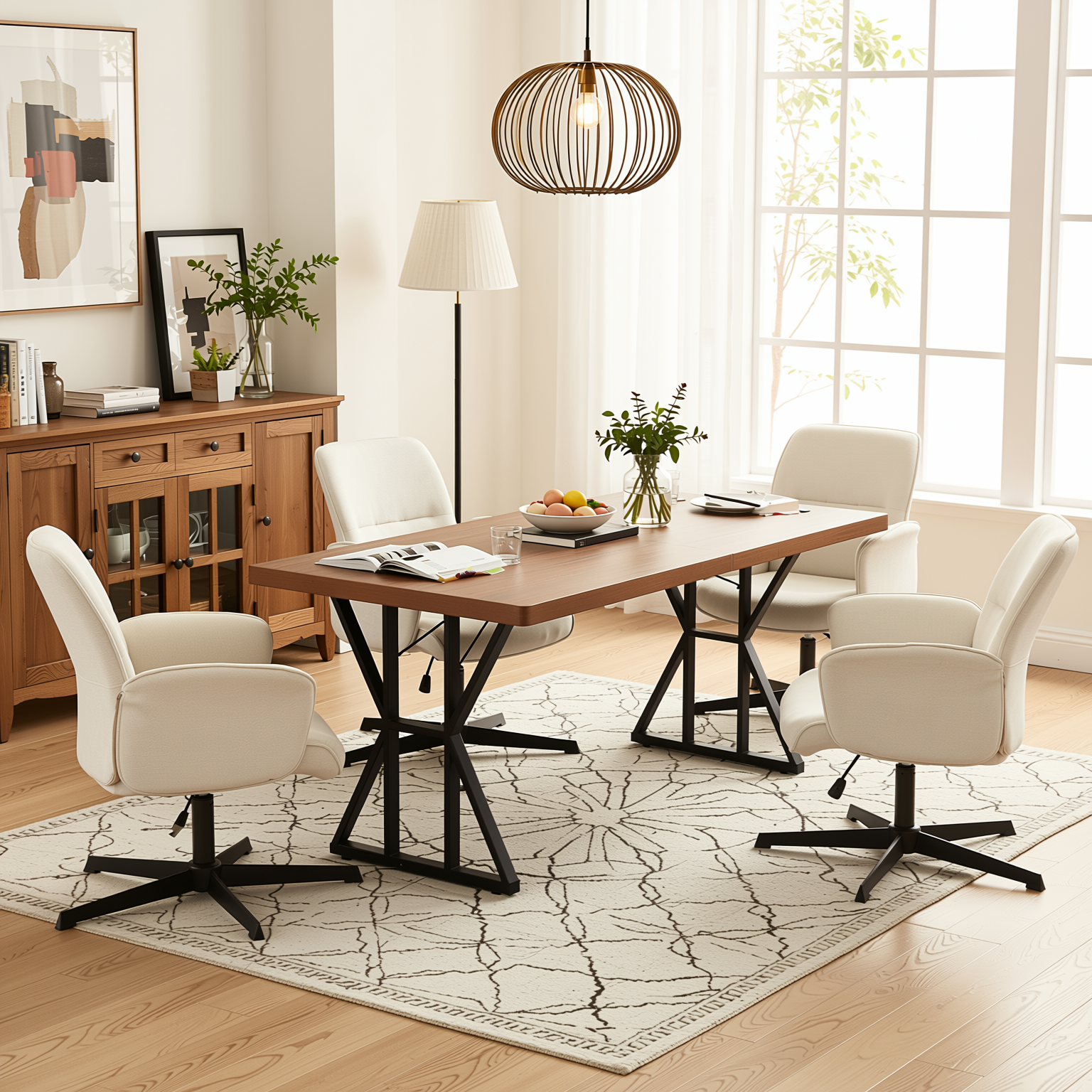 Homy Casa Leonard+Thomasina 5PC Dining Set 63" Rectangular Table with Beige Chenille Swivel Chair
