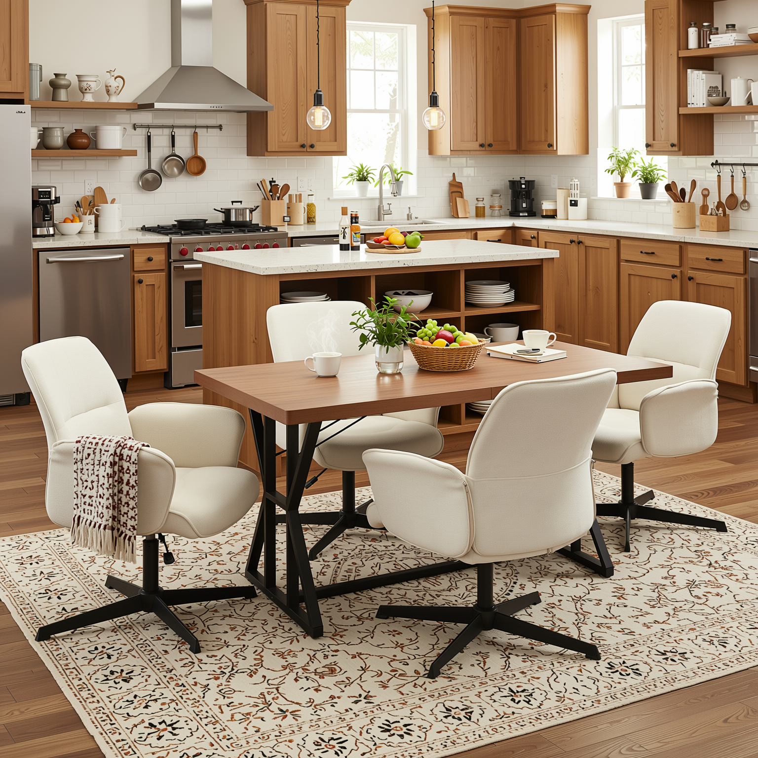 Homy Casa Leonard+Thomasina 5PC Dining Set 63" Rectangular Table with Beige Chenille Swivel Chair