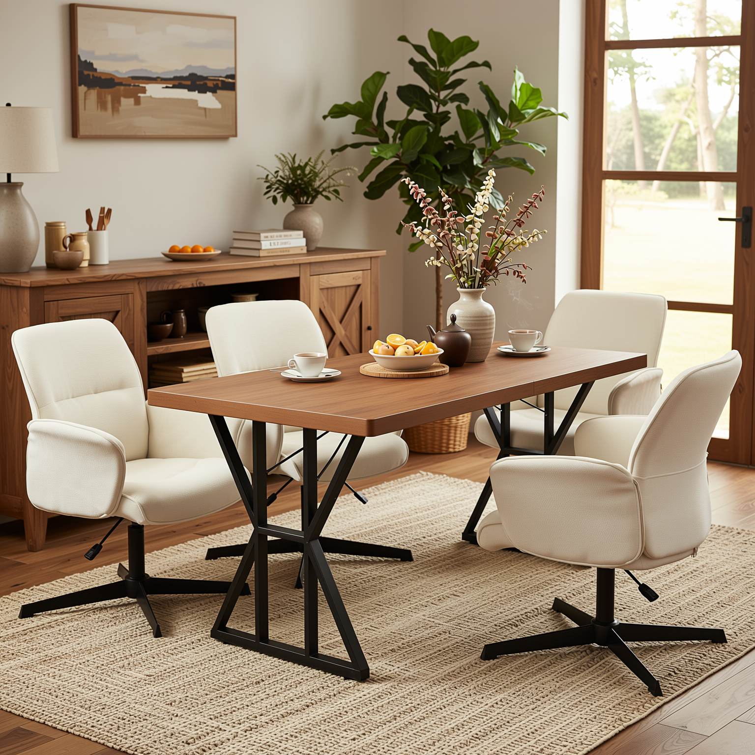 Homy Casa Leonard+Thomasina 5PC Dining Set 63" Rectangular Table with Beige Chenille Swivel Chair