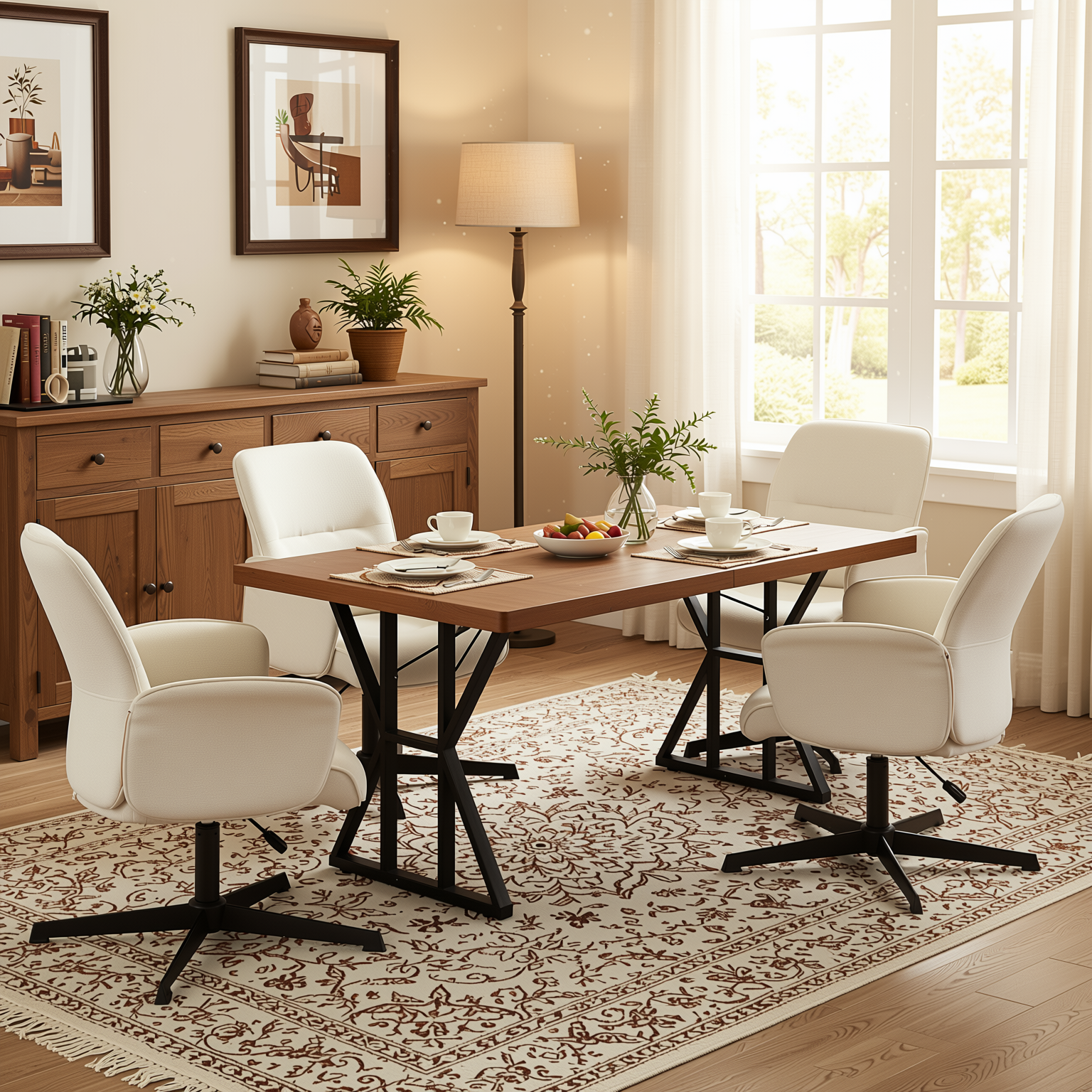 Homy Casa Leonard+Thomasina 5PC Dining Set 63" Rectangular Table with Beige Chenille Swivel Chair