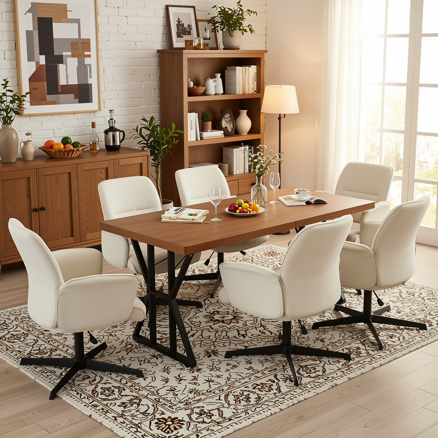 Homy Casa Leonard+Thomasina 7PC Dining Set 63" Rectangular Table with Beige Chenille Swivel Chair
