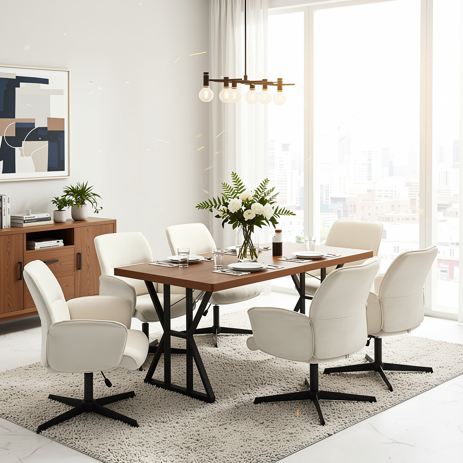 Homy Casa Leonard+Thomasina 7PC Dining Set 63" Rectangular Table with Beige Chenille Swivel Chair