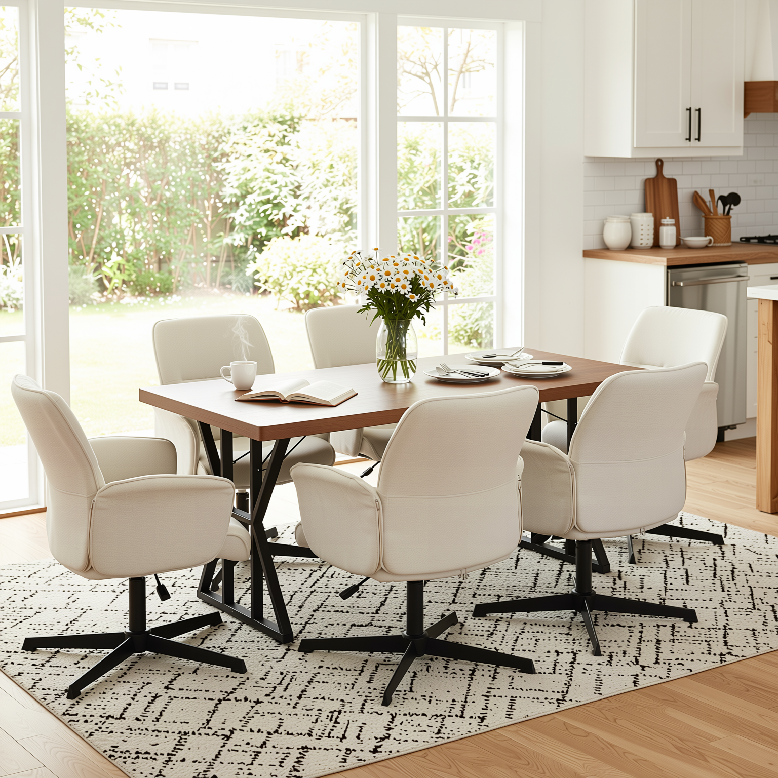 Homy Casa Leonard+Thomasina 5PC Dining Set 63" Rectangular Table with Beige Chenille Swivel Chair